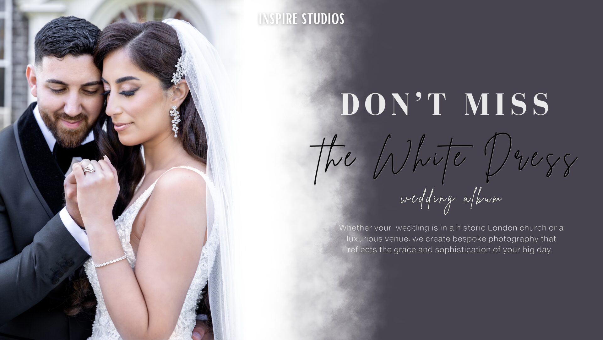 Graceful bride in flowing white wedding dress walking through a sunlit London courtyard, captured in timeless elegance