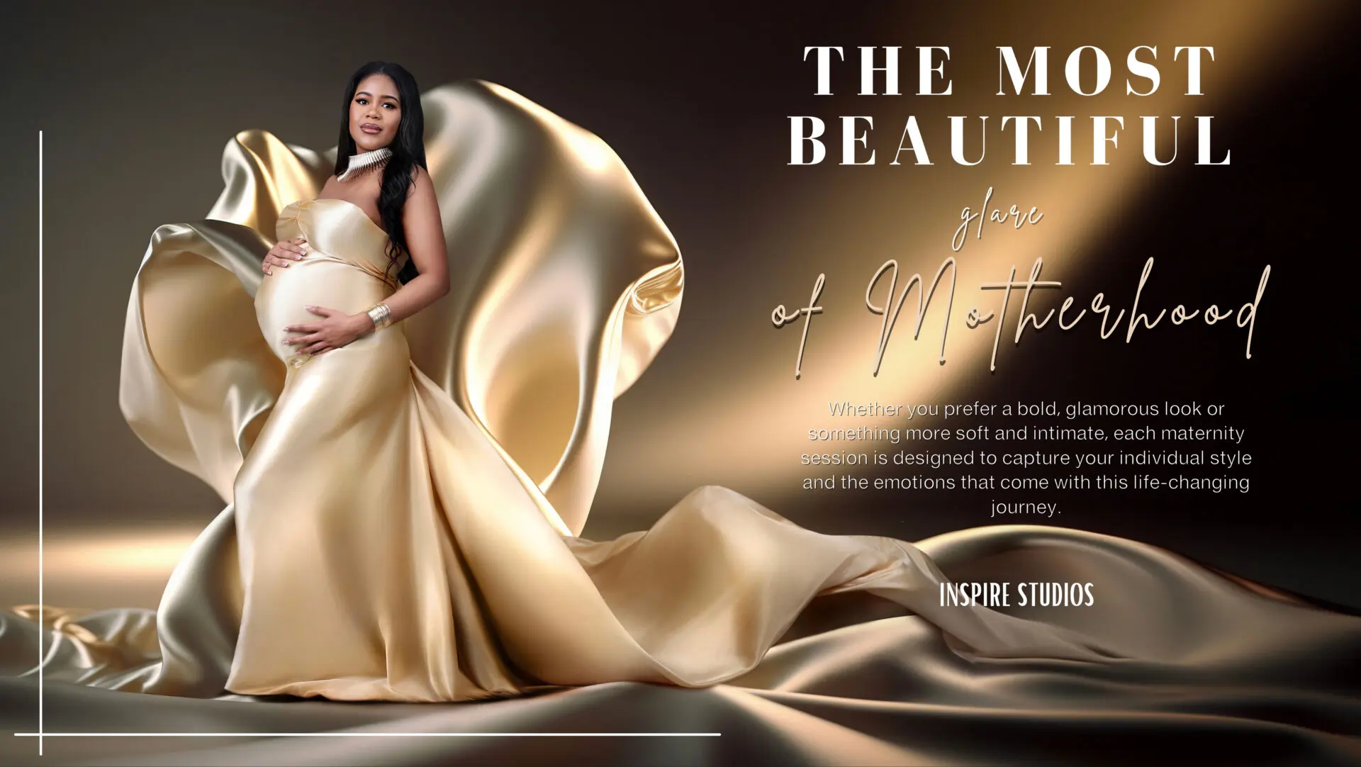 Elegant maternity photography in London featuring a glowing mother in a luxurious gold gown captured by professional female maternity photographer London.