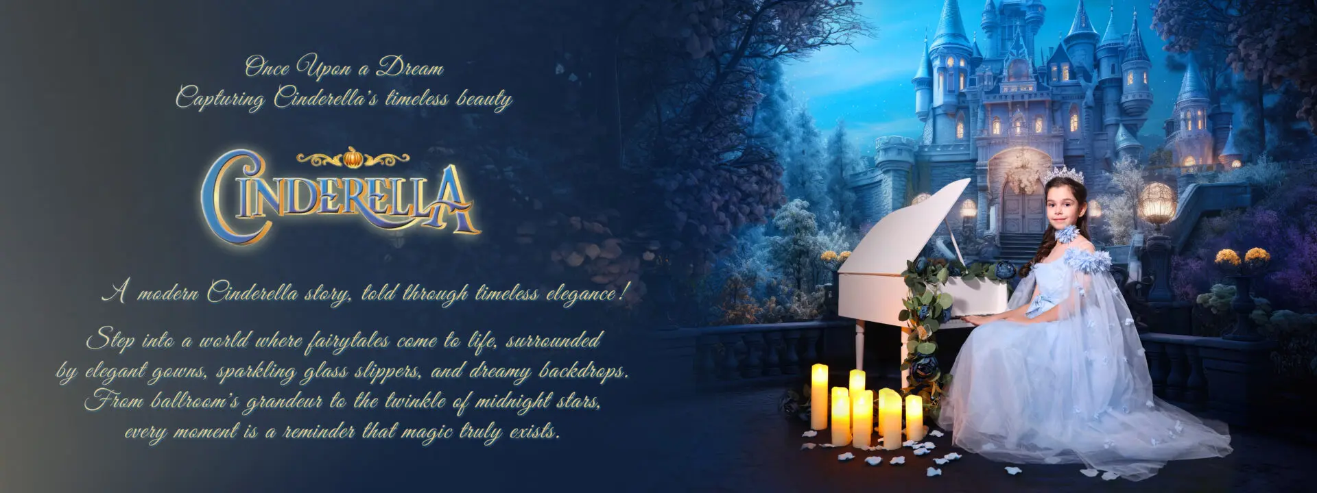 Cinderella-inspired backdrop with a grand staircase and magical ambiance, ideal for princess-themed portraits.