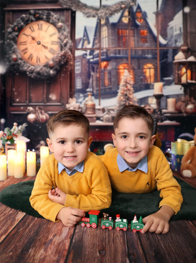 Elegant Christmas Eve photoshoot for children with a holiday decor.