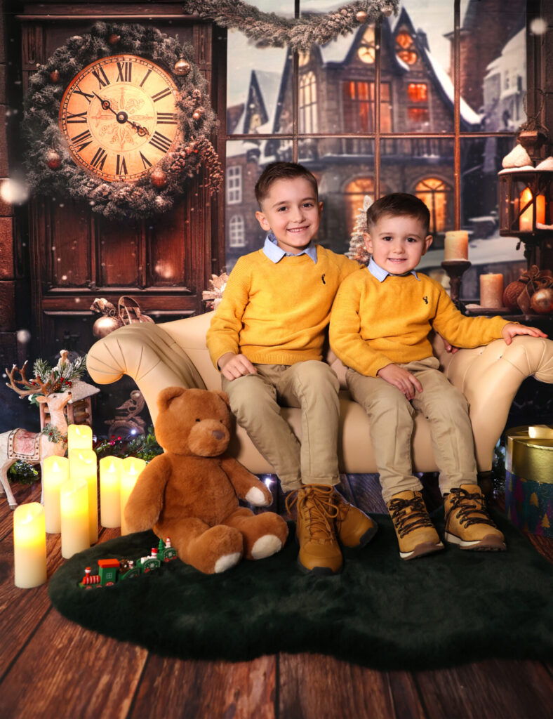 Elegant Christmas Eve photoshoot for children with a holiday decor.