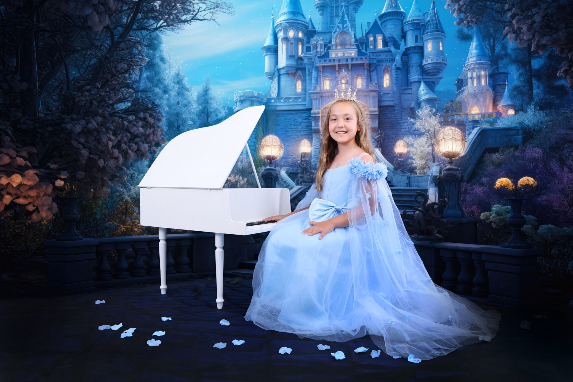 Little girl in a beautiful dress posing for a Cinderella Disney Children Photoshoot by Inspire Studios