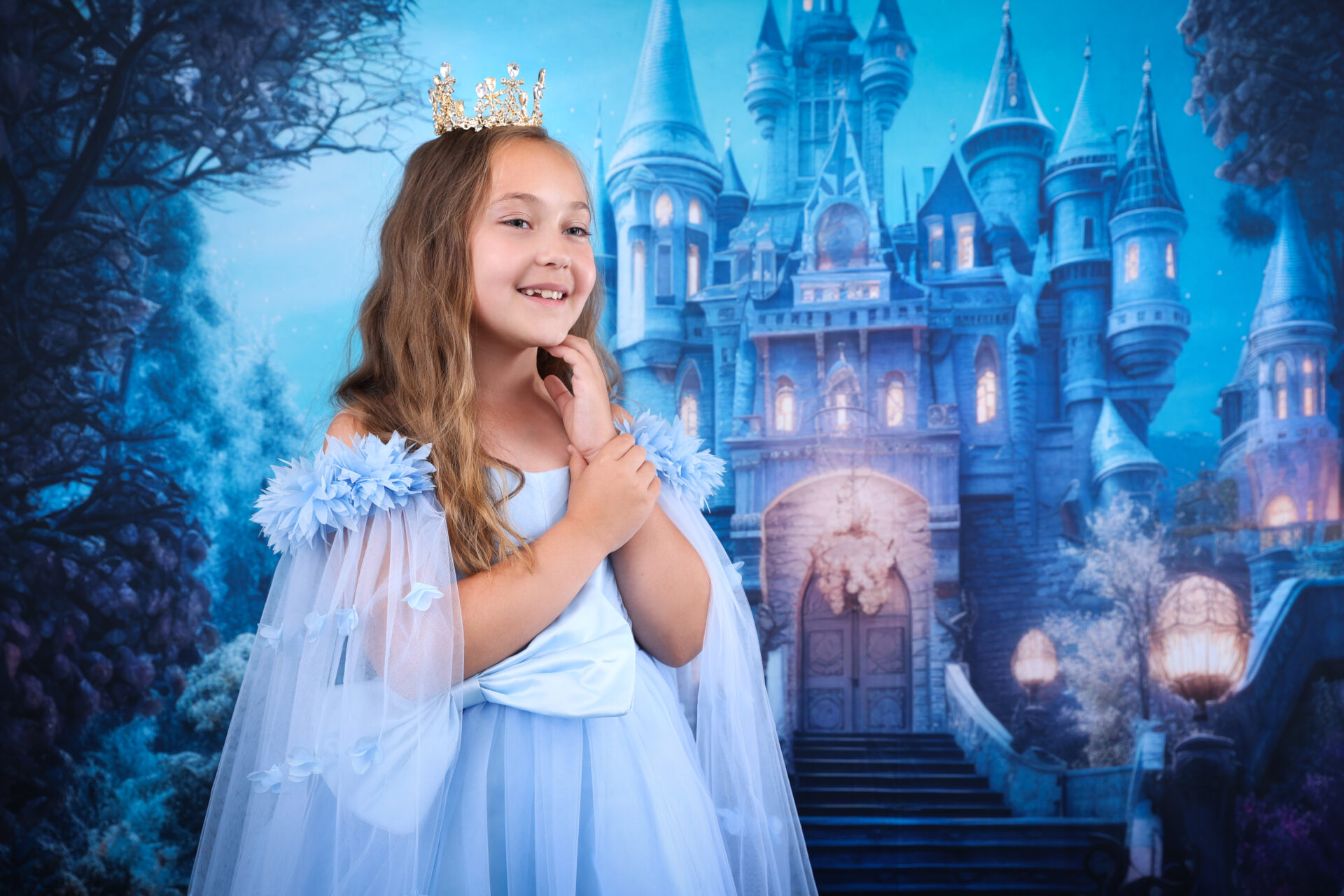 A girl dressed in Cinderella Disney Children Photoshoot in studio.