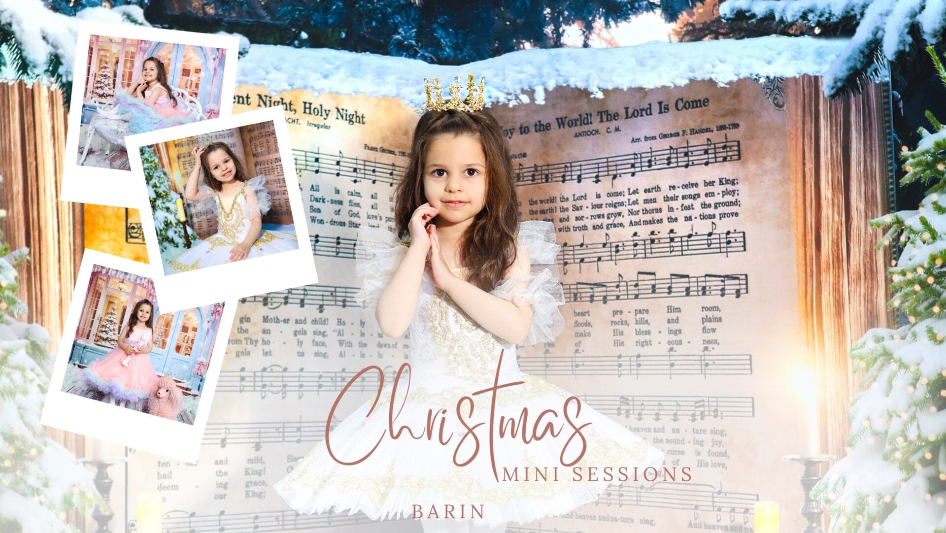 Barin posing in a beautifully decorated studio with elegant Christmas advent décor, twinkling lights, and festive holiday accents.