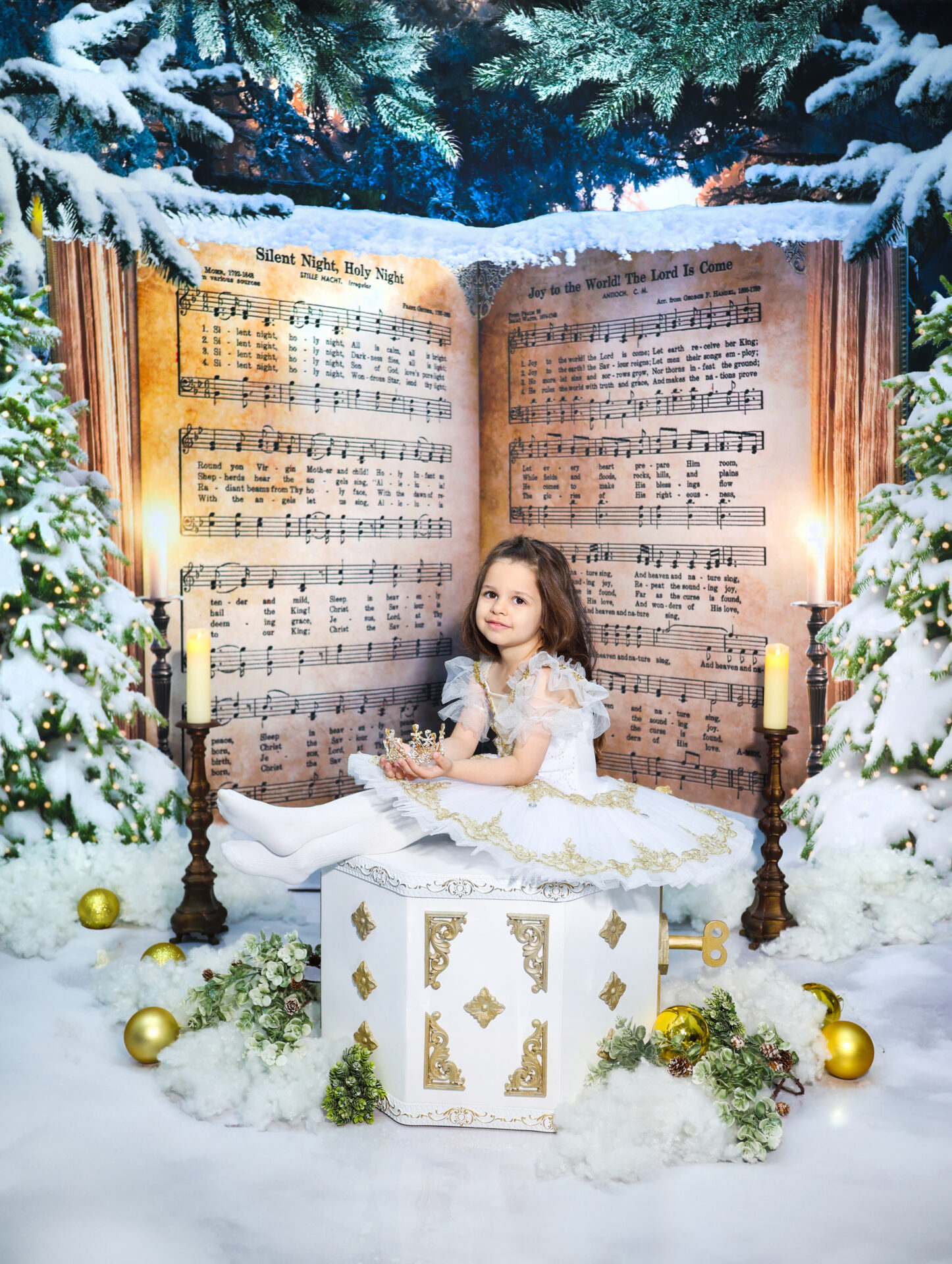 Traditional Christmas photoshoot with advent calendar decor and holiday decorations.