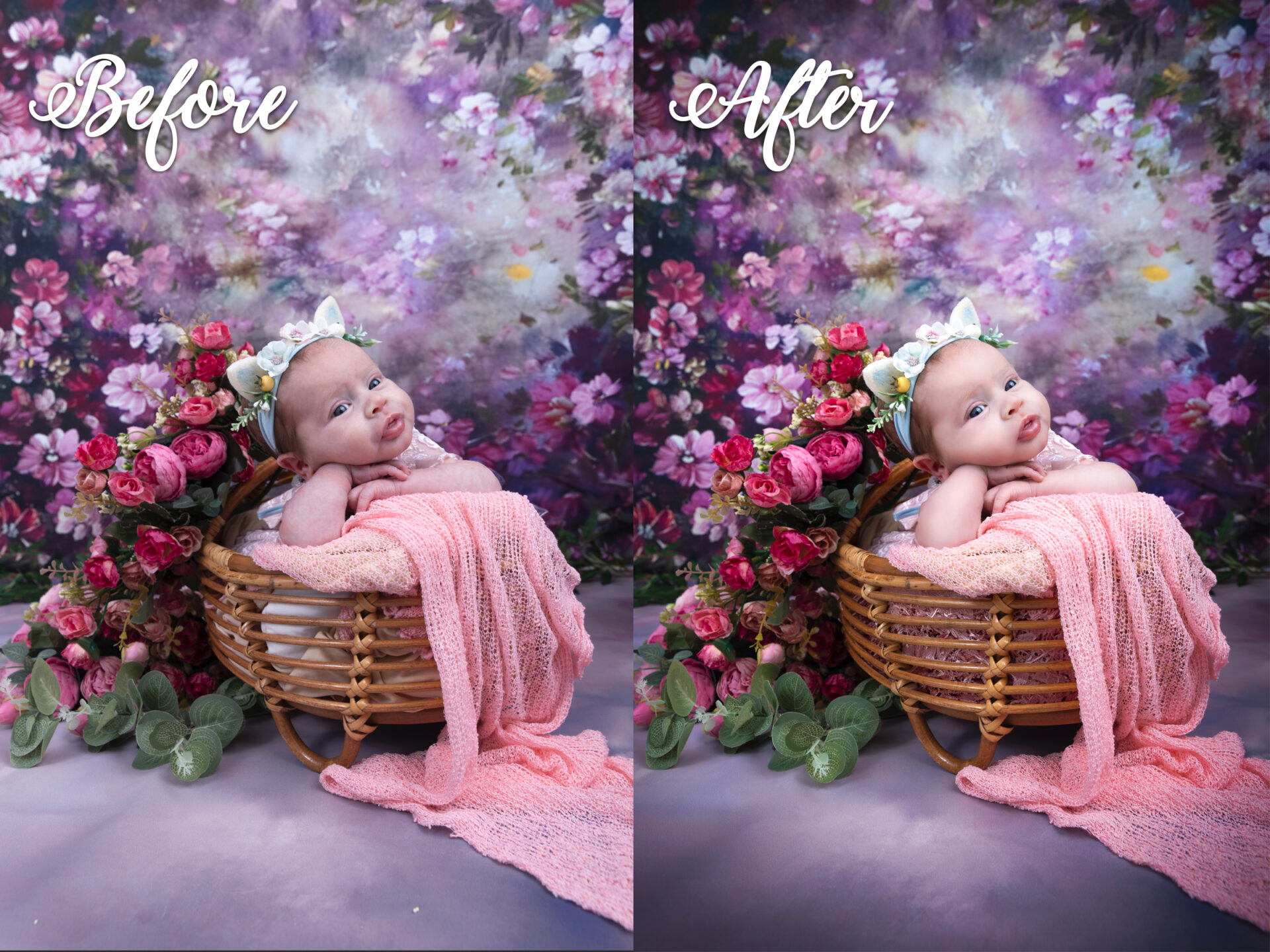 Newborn photography-baby photo before& after editing in London studio.