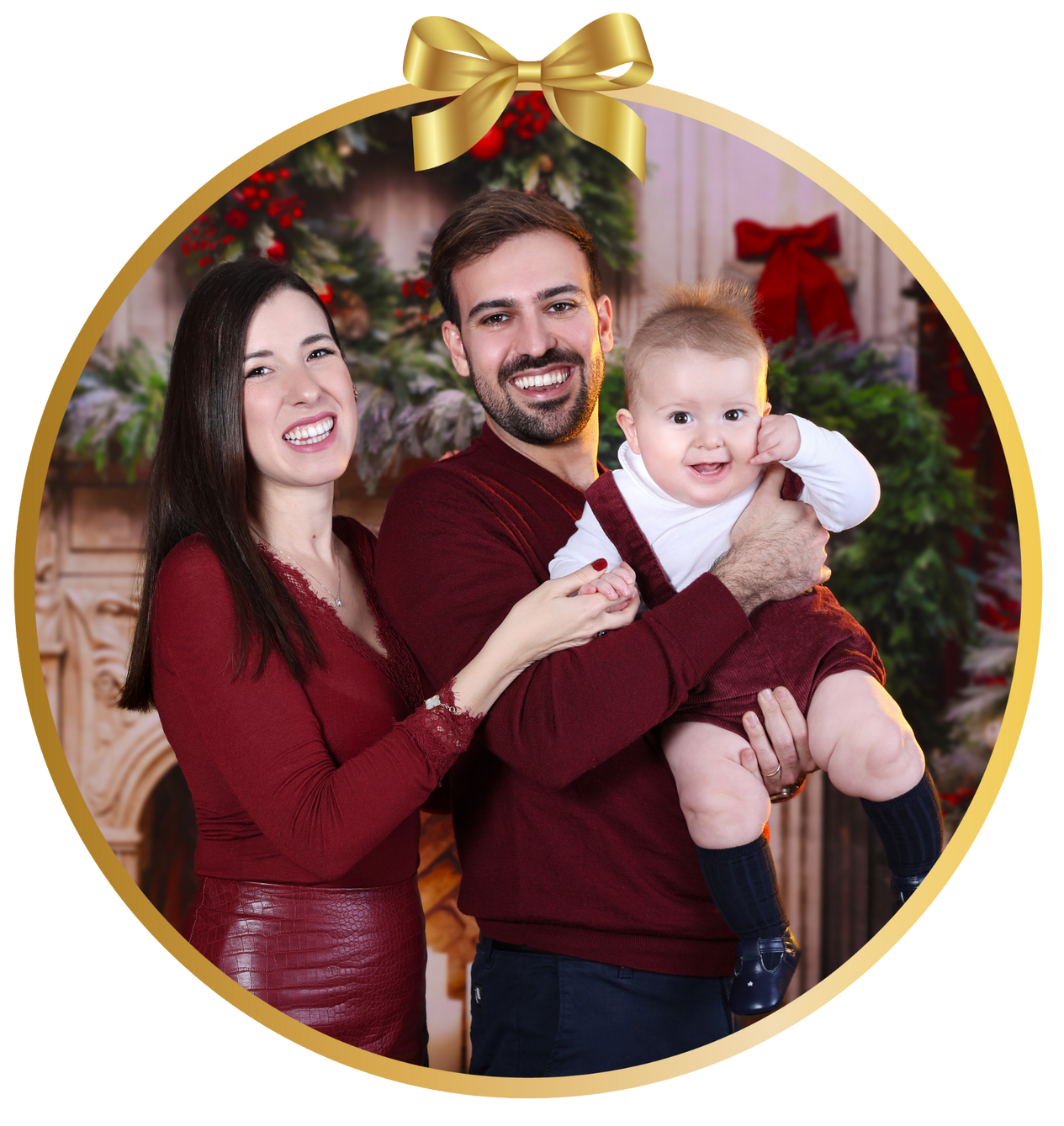 Family in cozy Christmas sweaters during a Christmas Festive Photoshoot in studio.