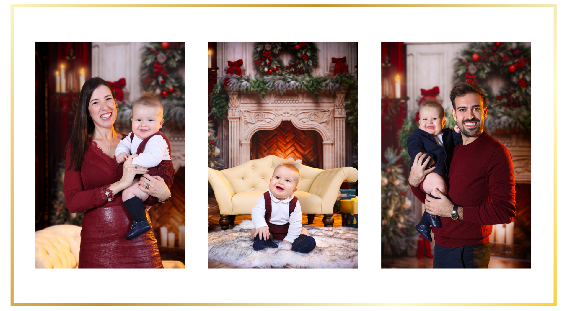 Family in cozy Christmas sweaters during a Christmas Festive Photoshoot in studio.