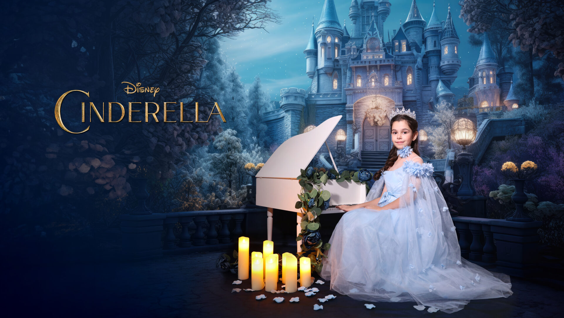 Magical Cinderella children photoshoot capturing your little one's fairy tale moments in a stunning themed setting.