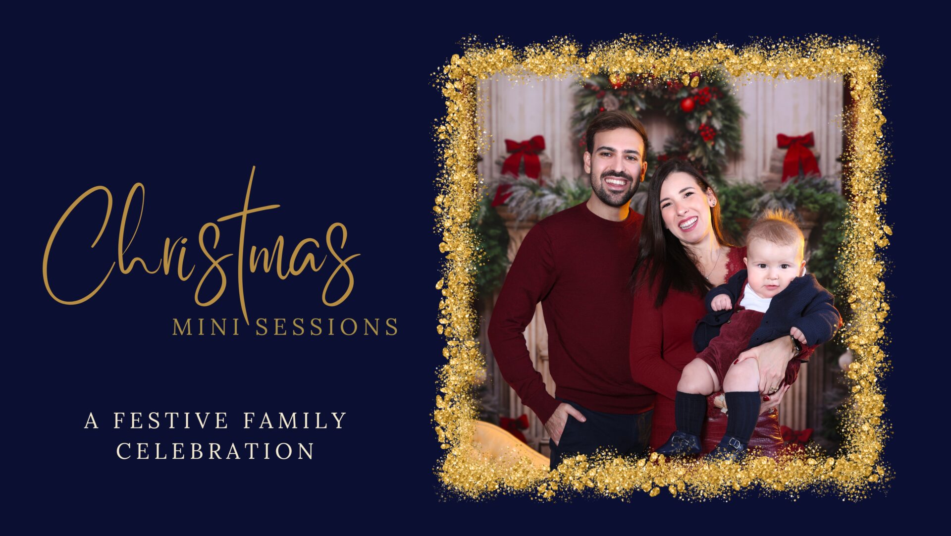 Smiling family posing together in a cozy studio during a festive celebration photoshoot with Christmas lights and holiday decor.
