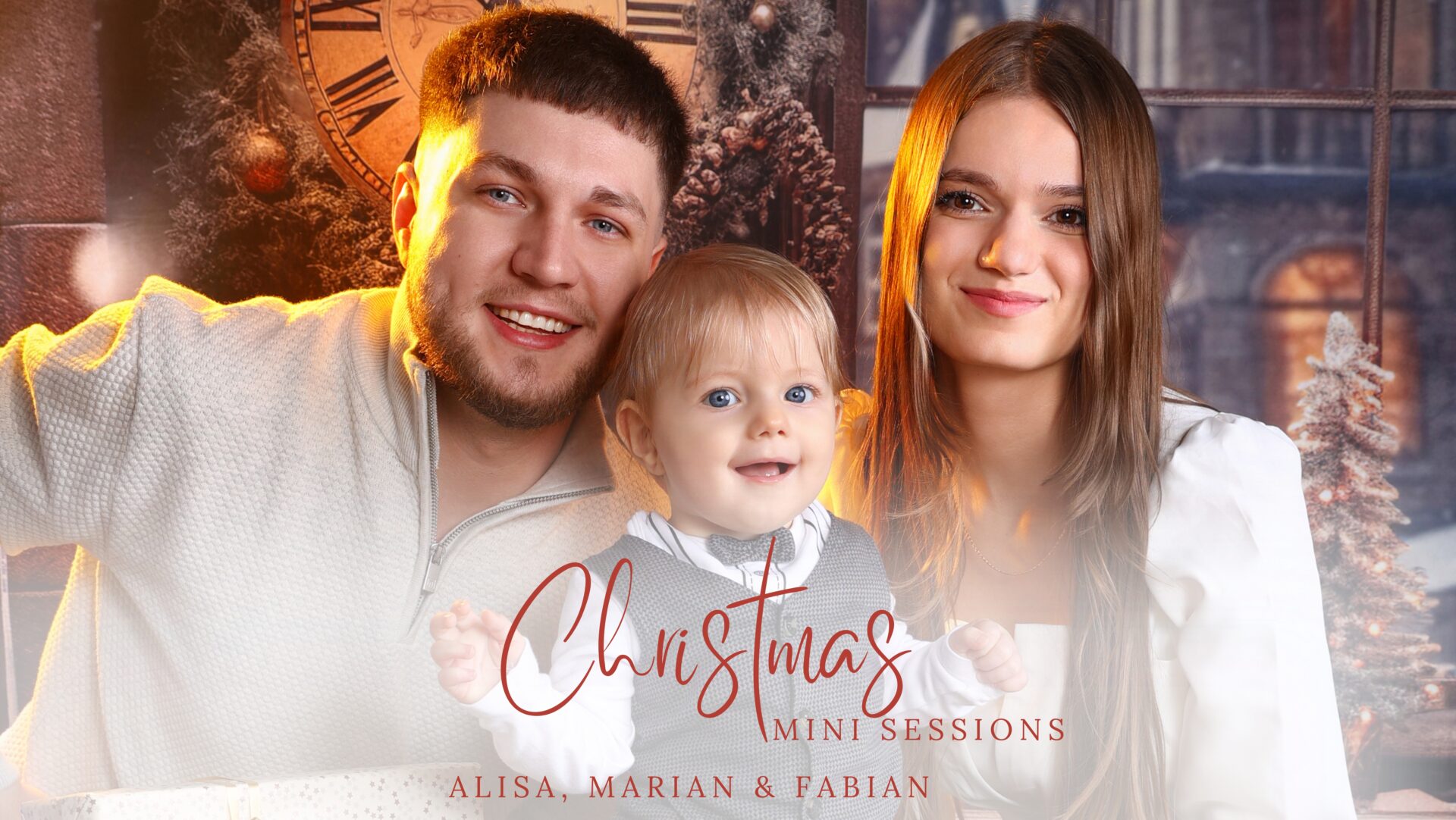 A cozy Christmas room with a classic fireplace, Christmas tree, and traditional red and green decorations.