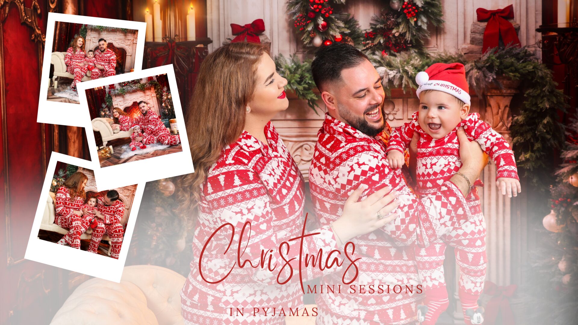 A joyful family dressed in matching red Christmas pyjamas posing in a festive studio setting with holiday decorations, including a glowing fireplace and a beautiful wreath.