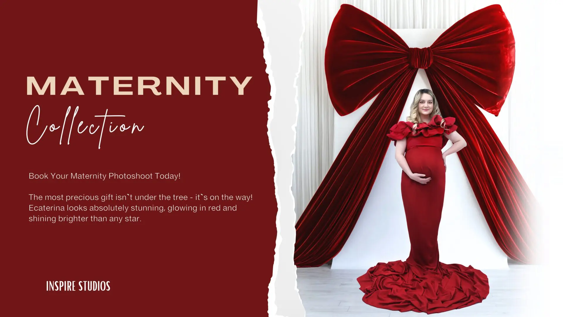 Elegant Maternity Photography in London, red dress and red-bow decor.