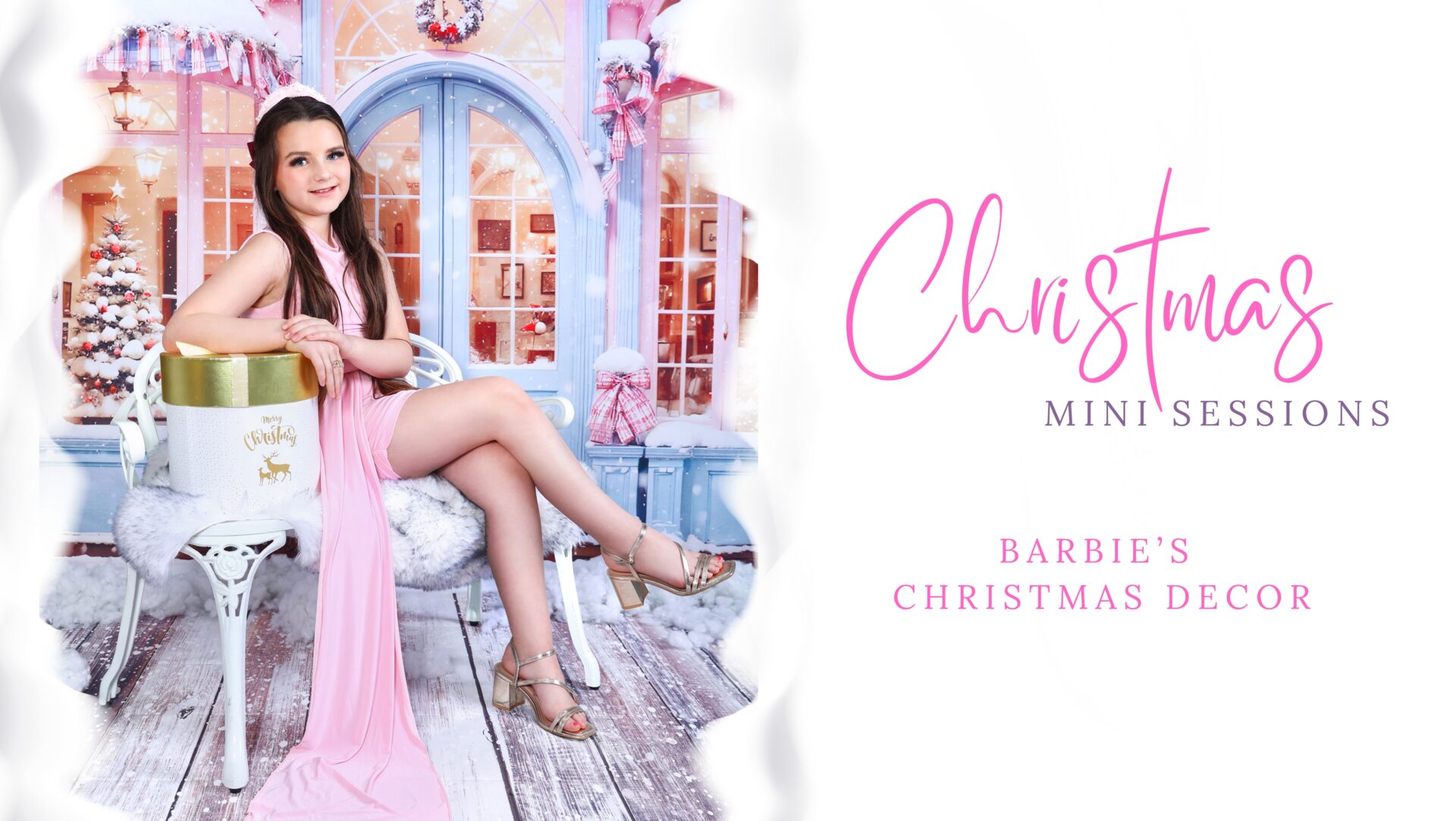 Festive Barbie-inspired Christmas mini session with pink decor, featuring a smiling girl holding a gift at Inspire Studios in Walthamstow, London.
