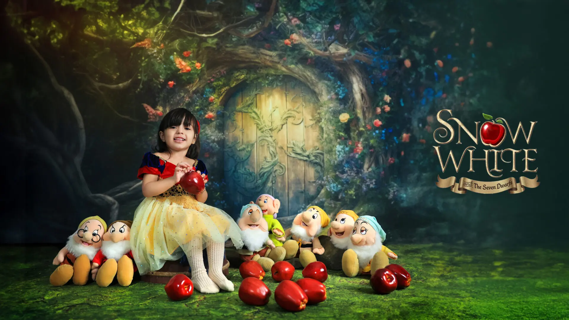 Girl dressed in Snow White during a Snow white themed fairytale photoshoot.