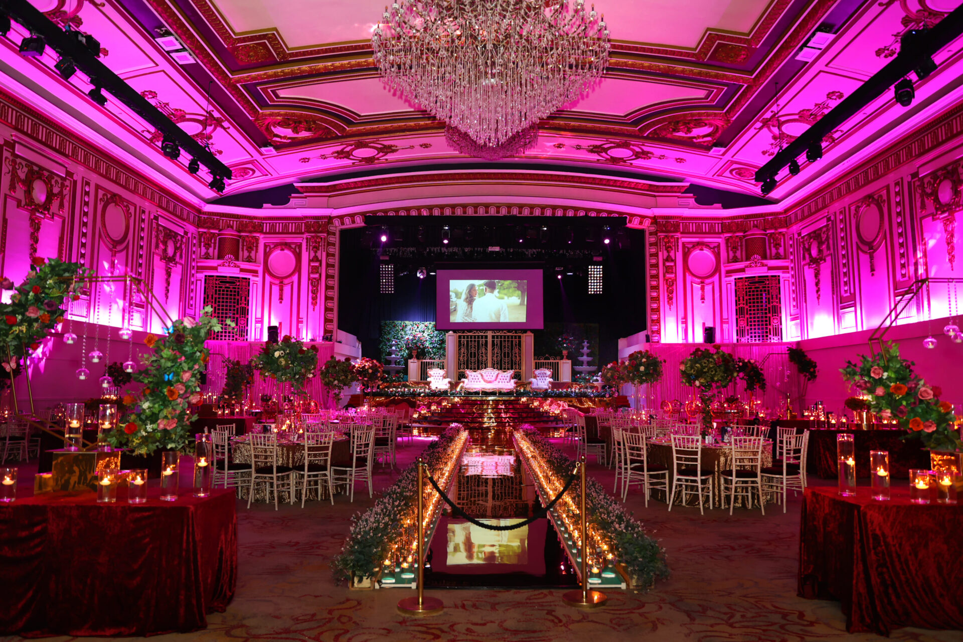 Beautifully venue decorated with baraat wedding decorations.