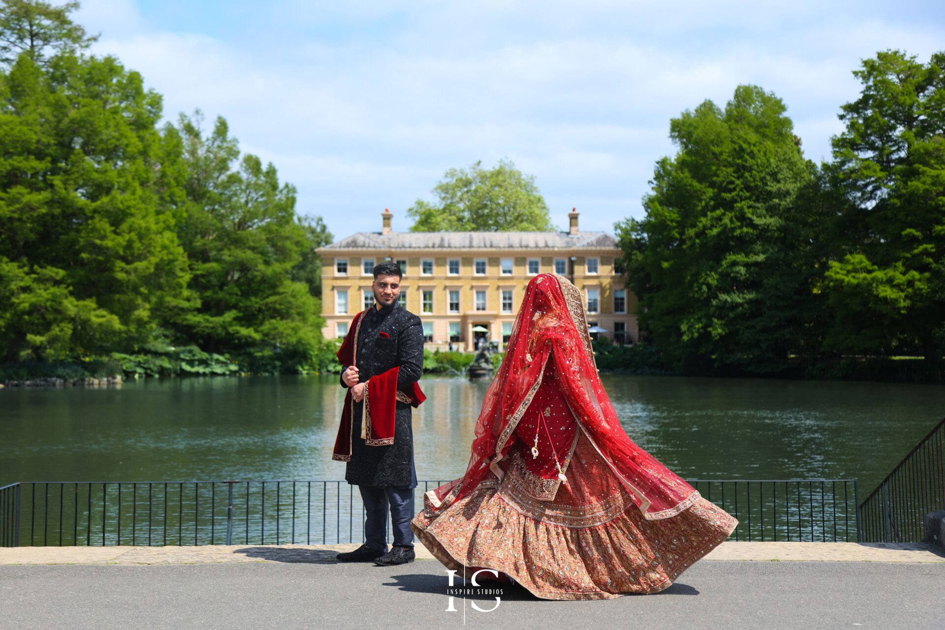 Bride and groom leaning close in a timeless portrait from a traditional baraat wedding in London.