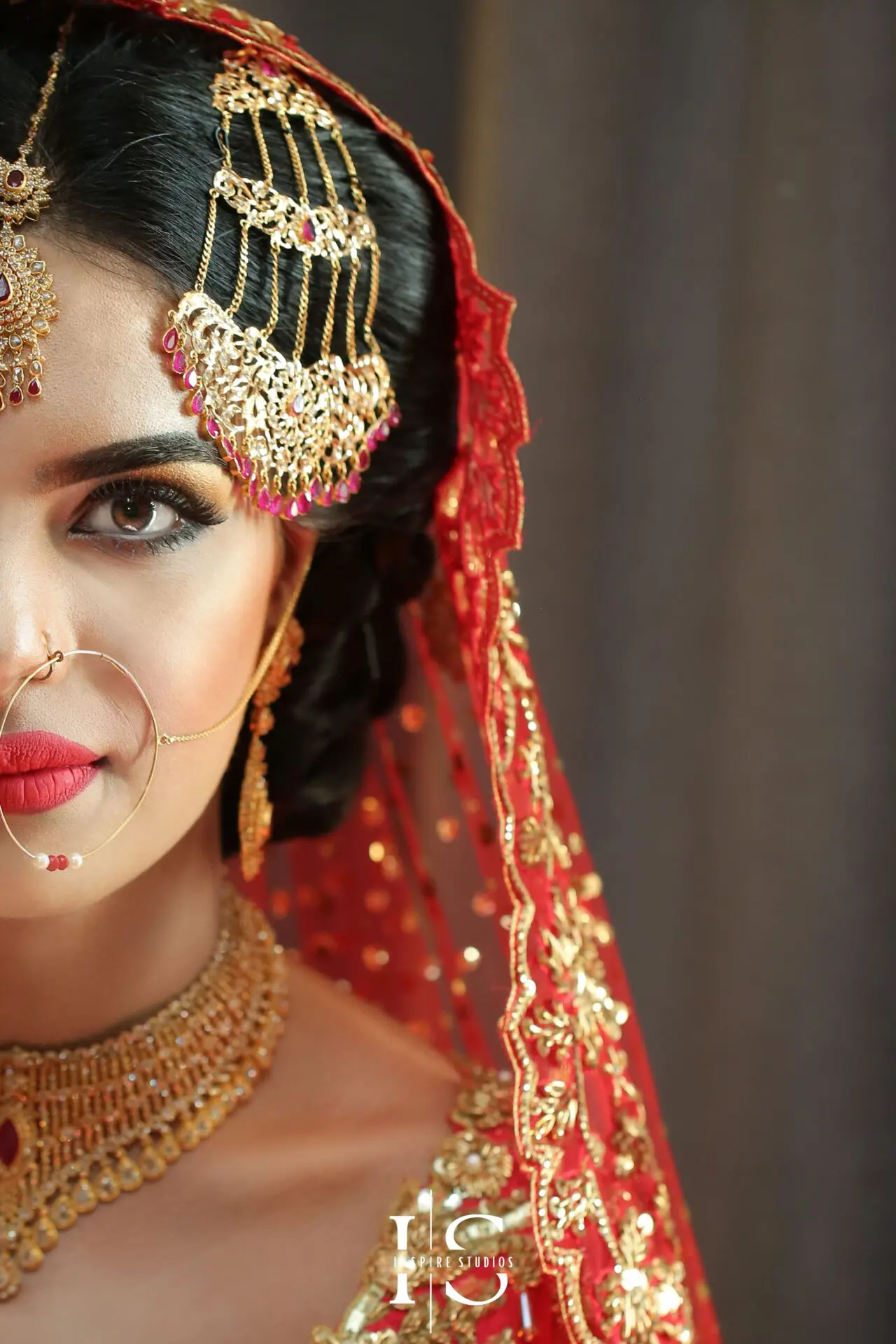 Bride close-up portrait during Baraat wedding London.