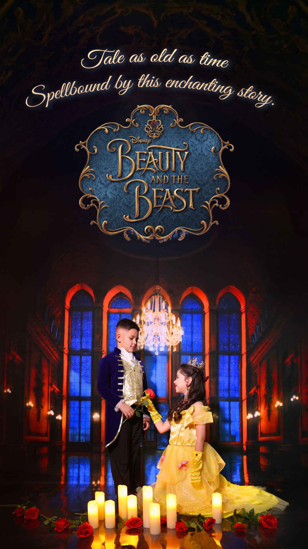 Beauty and the Beast-themed studio photoshoot in London, ideal for families, children, and fairytale lovers, available at Inspire Studios.