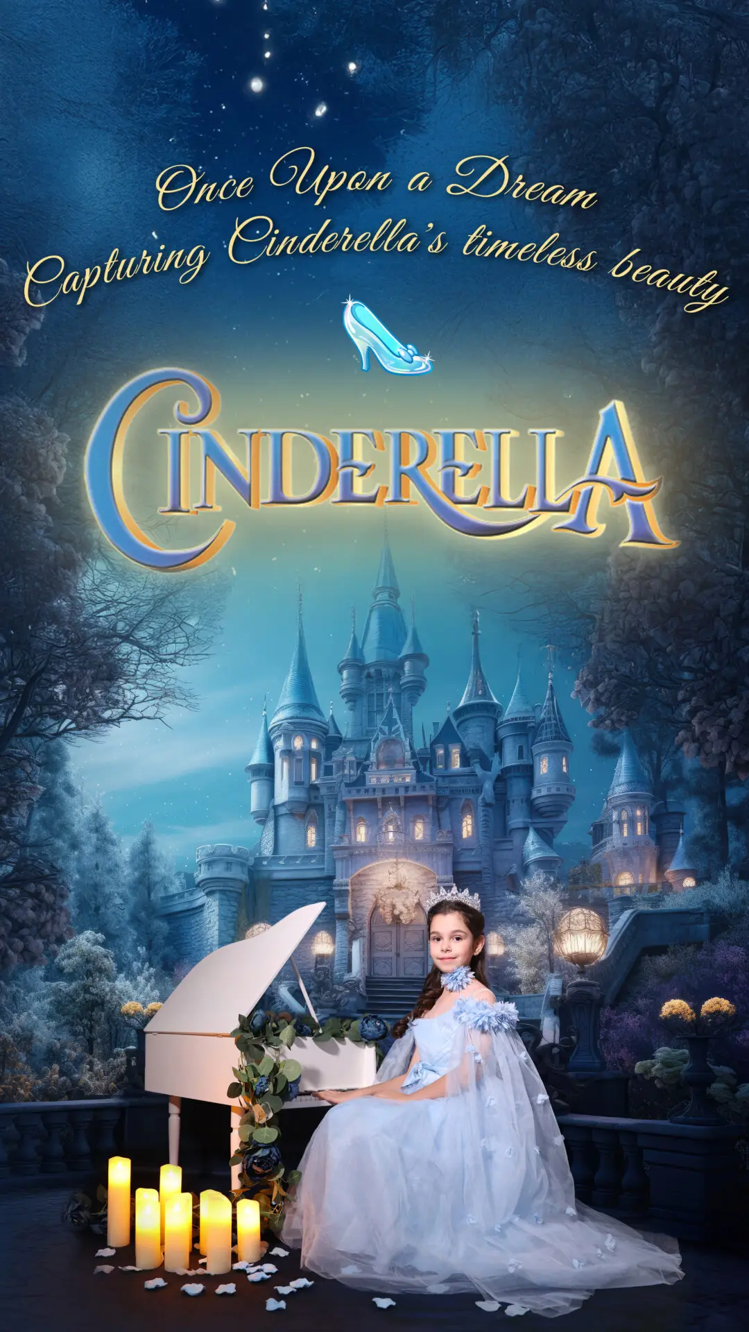 Cinderella-themed studio photoshoot in London, designed for children, families, and fairytale enthusiasts, offered by Inspire Studios.