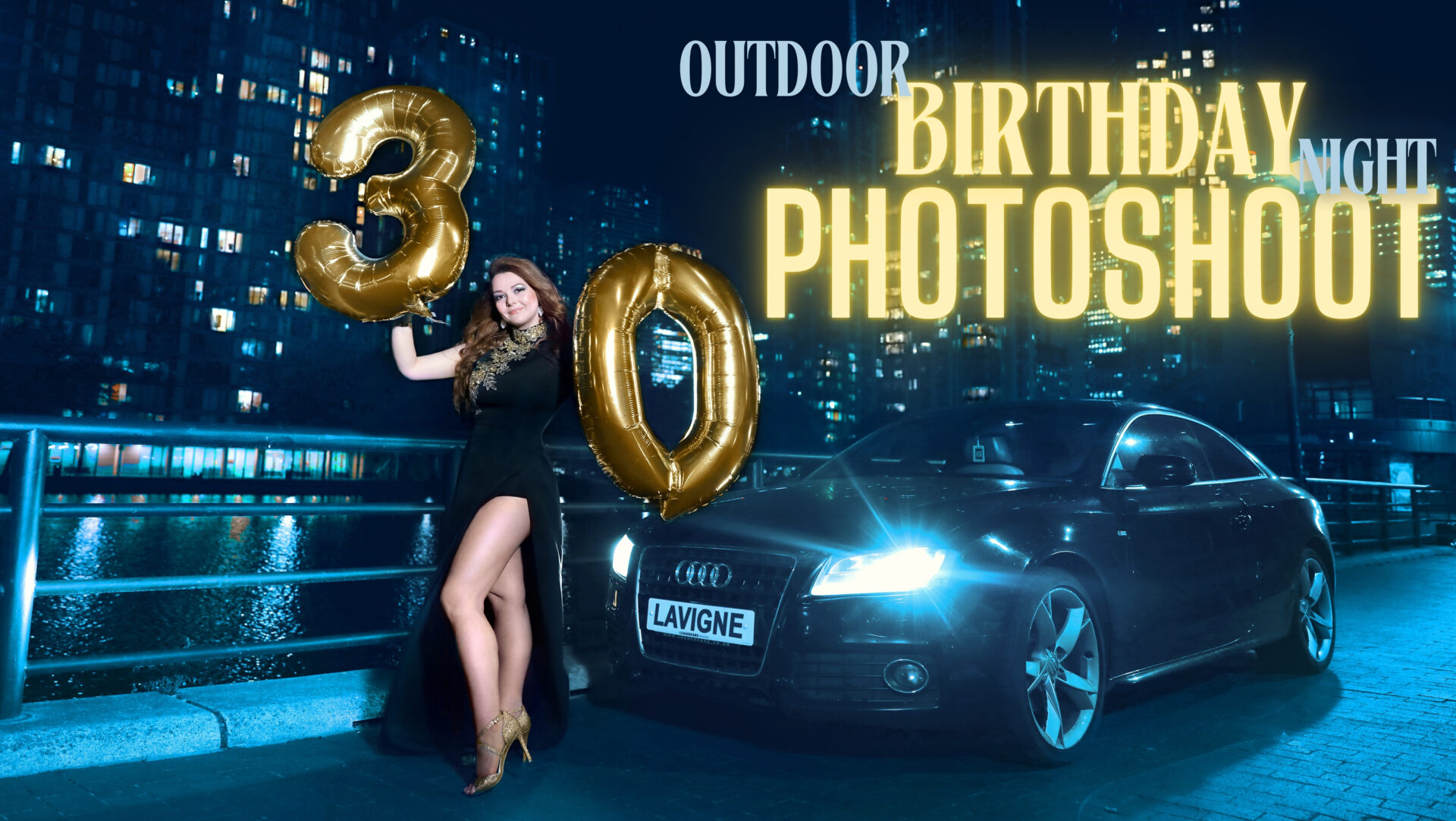 London Night Photography for stunning birthday photoshoot in Canary Wharf.