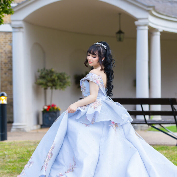 Outdoor Prom Photoshoot in London of a girl in elegant dress.