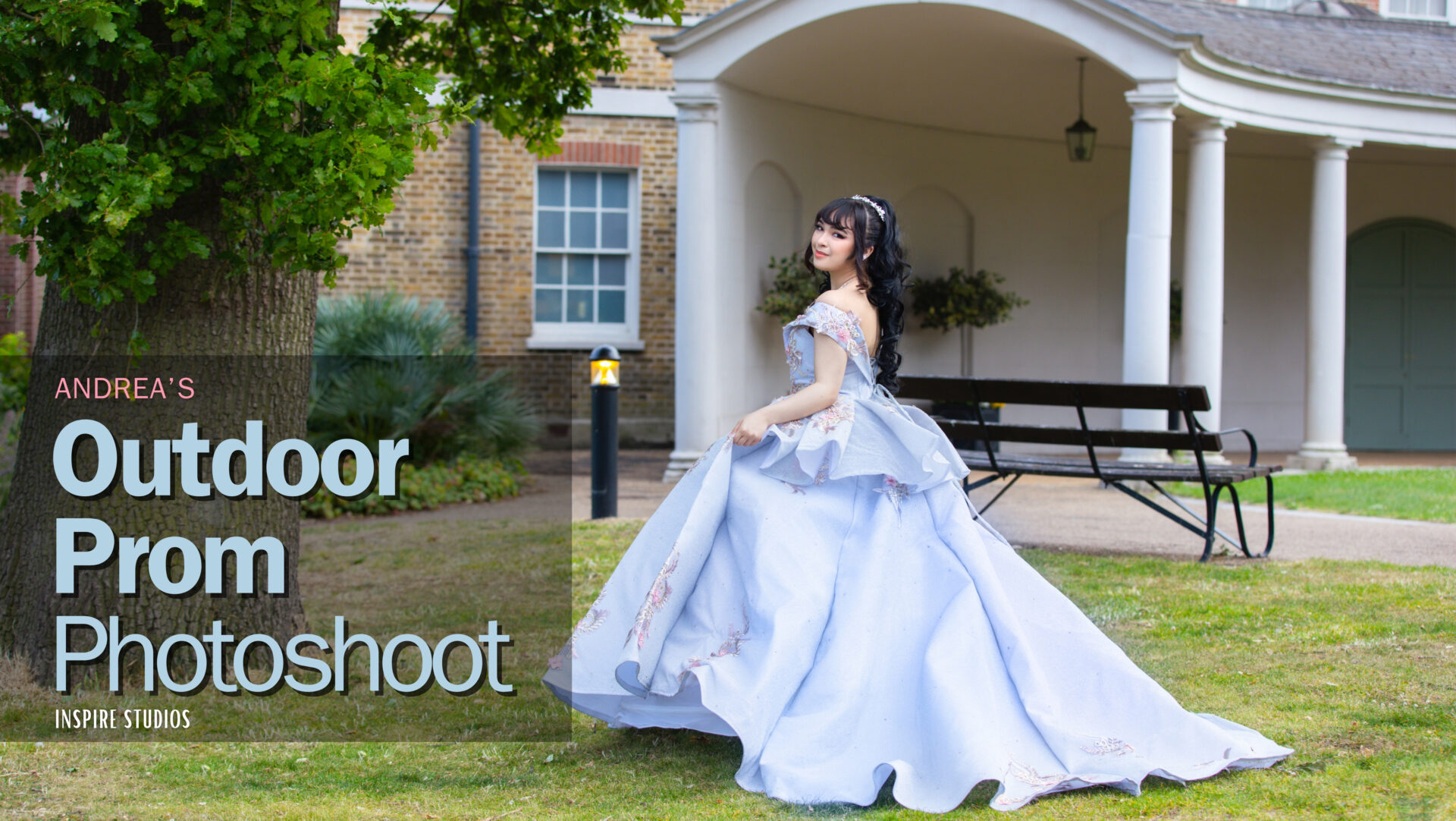 A young woman in an elegant dress captured by an outdoor prom photographer in Valentines Park, London.