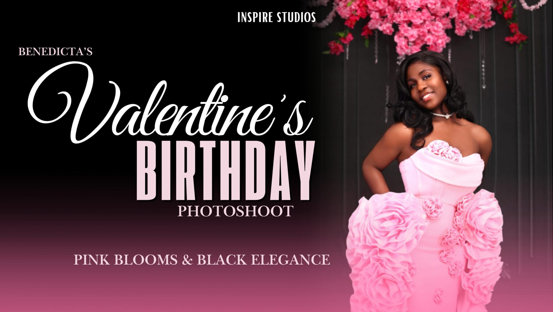 Elegant Valentine's Day photoshoot in Walthamstow with a pink floral and black Victorian backdrop.