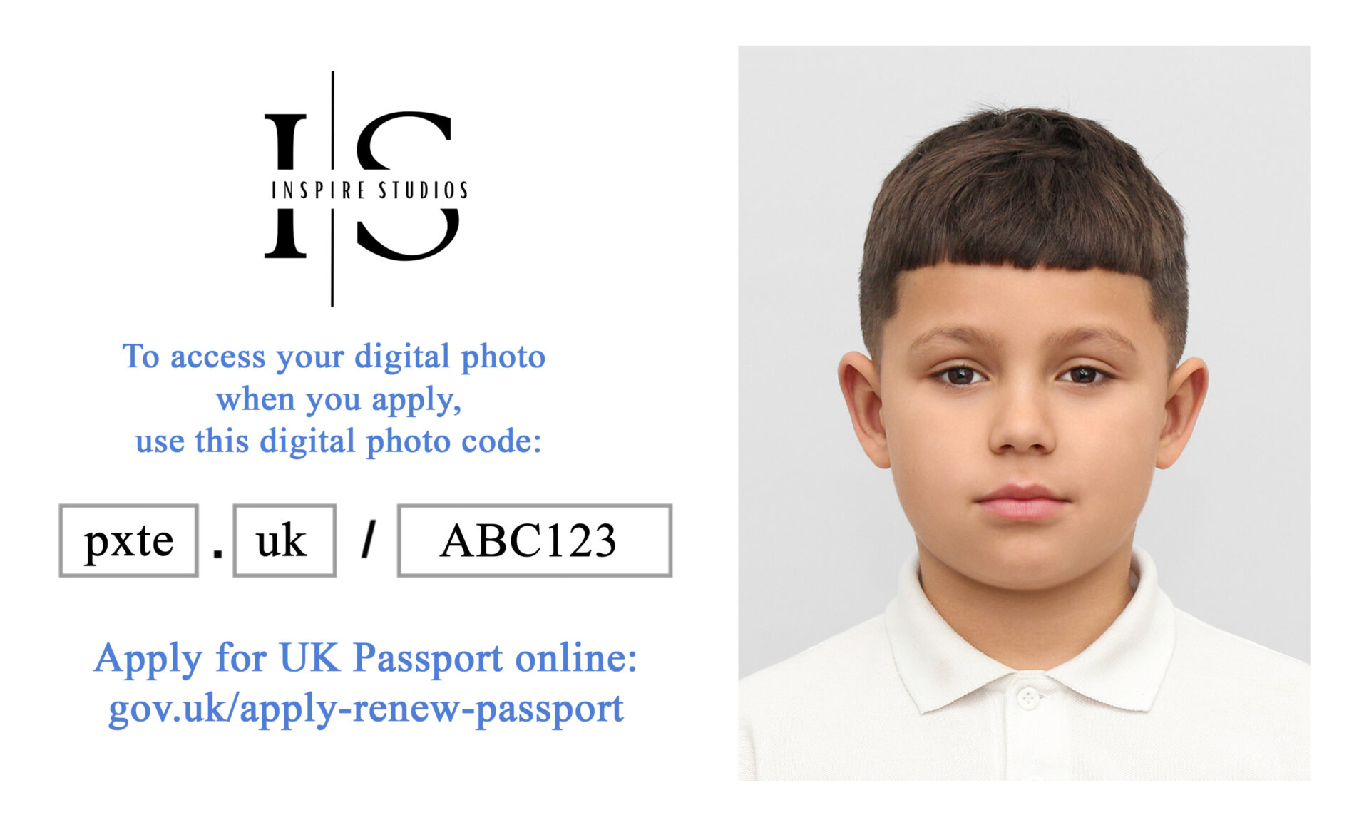 Code for digital passport photo for only £10 at Inspire Studios 255 Hoe Street, E17 9PT Walthamstow.