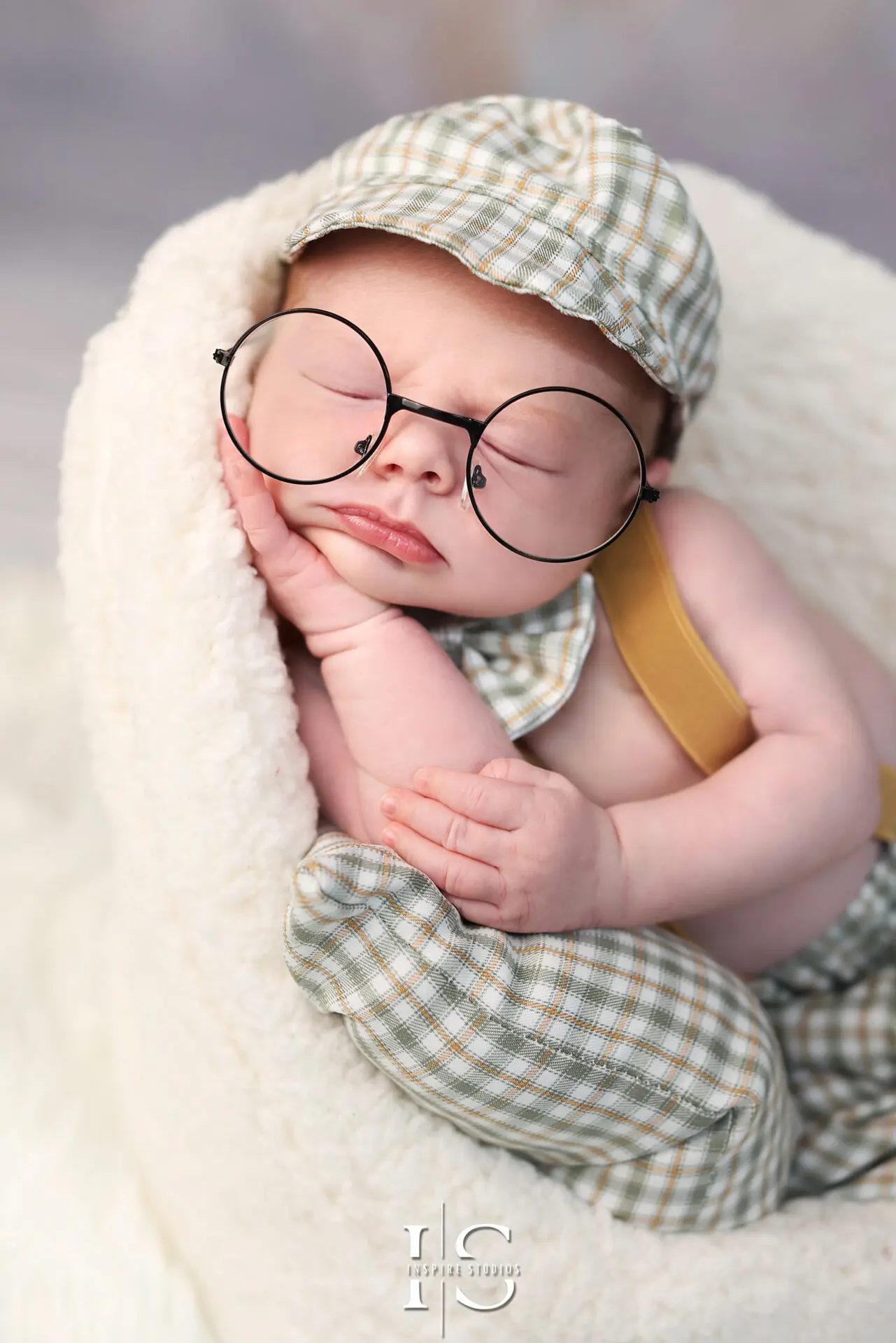 Three-week-old baby peacefully resting on a soft white blanket.