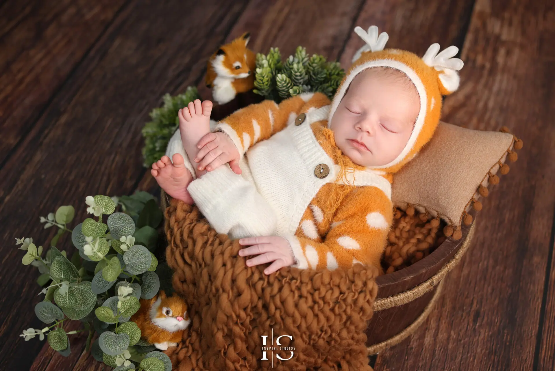 A skilled female newborn photographer gently adjusting a baby’s pose for a heartwarming shot.