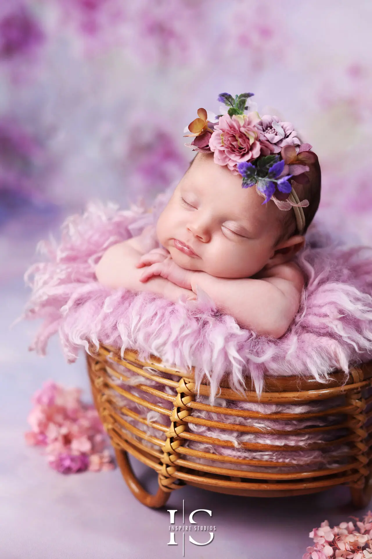 One-week-old newborn baby girl posed on a soft pastel backdrop.