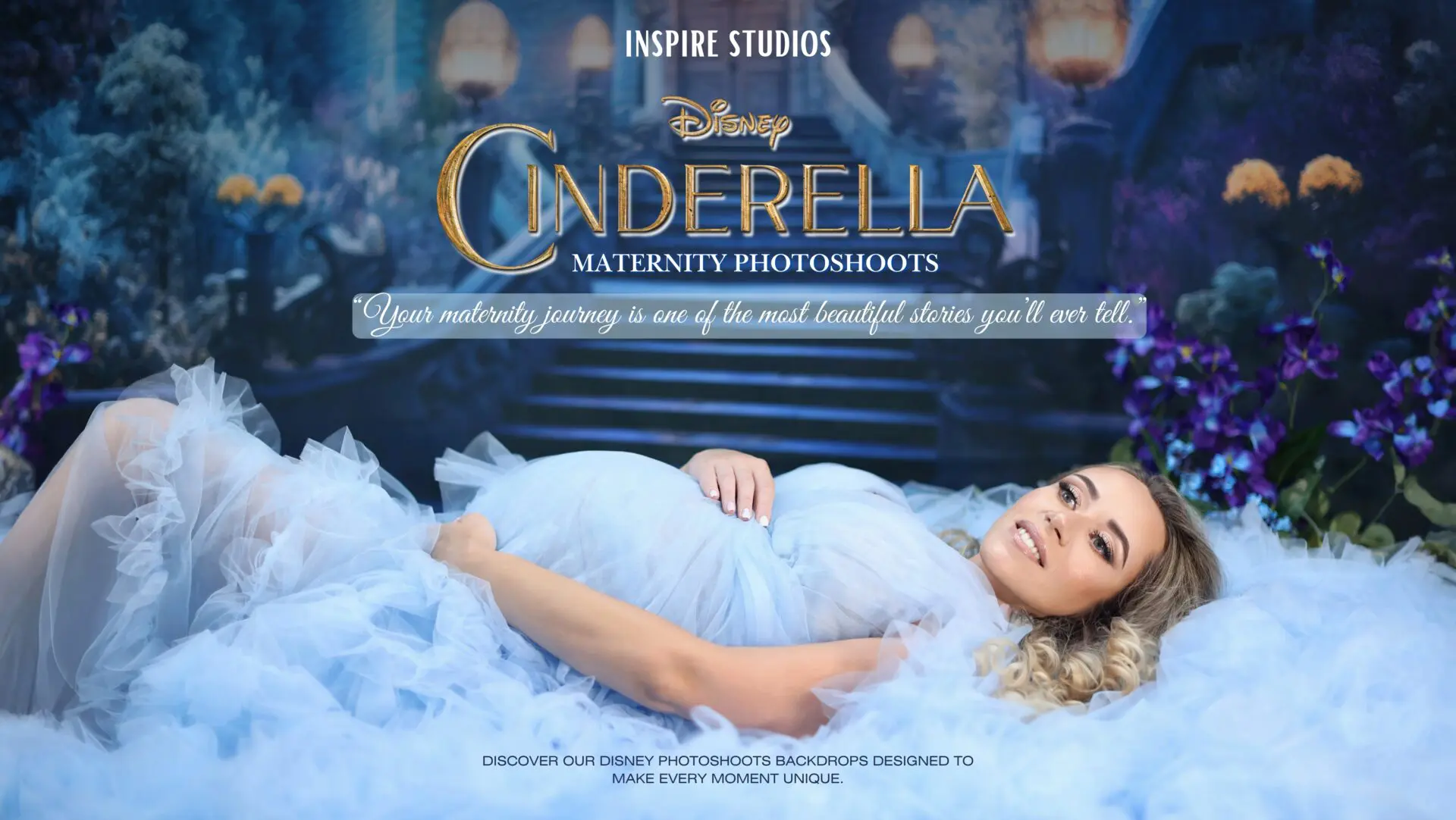 Pregnant woman in Disney princess gown during a maternity studio photoshoot in London