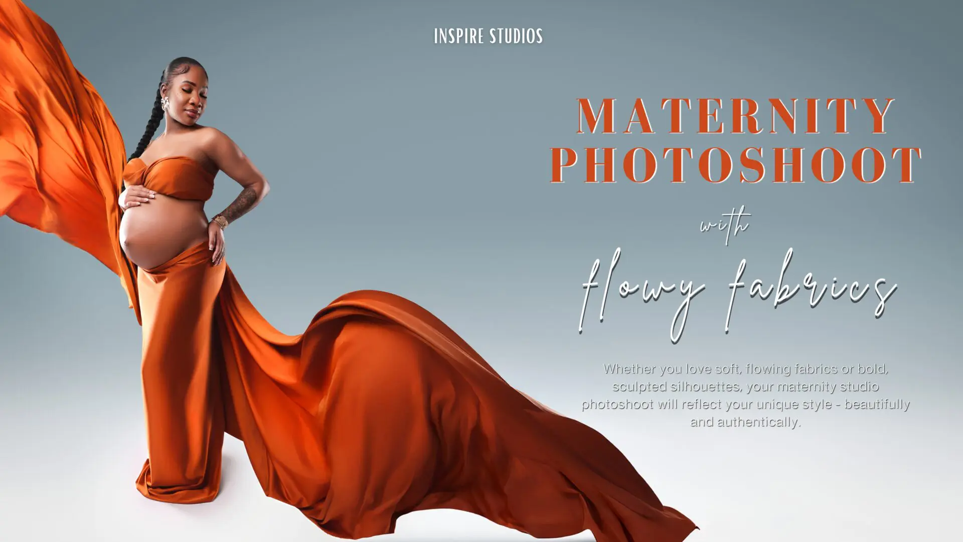 Elegant maternity photoshoot with flowing fabric drapes at Inspire Studios in Walthamstow, London – professional pregnancy portrait by a female photographer.