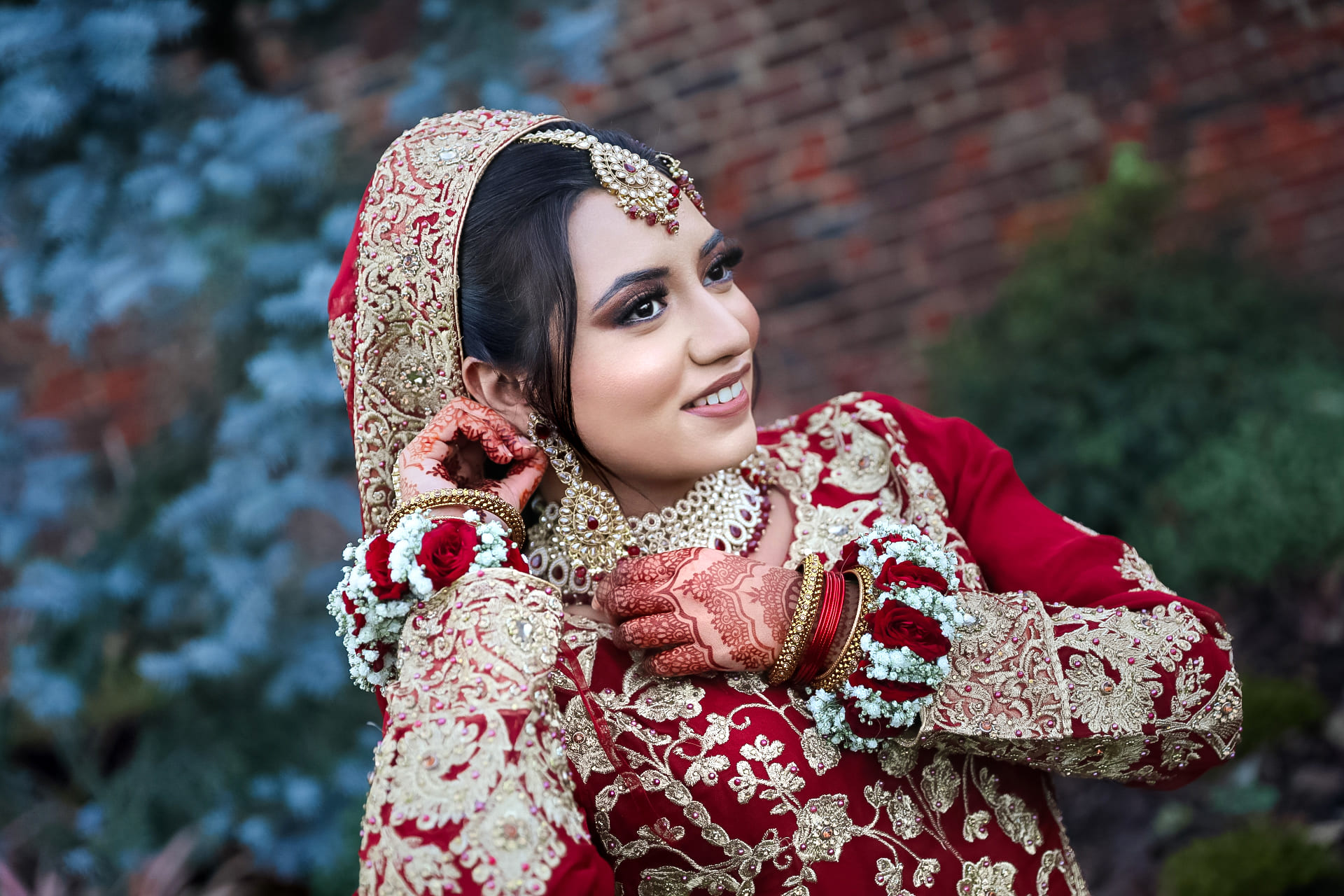 Muslim bride posing gracefully during her wedding shoot in London.