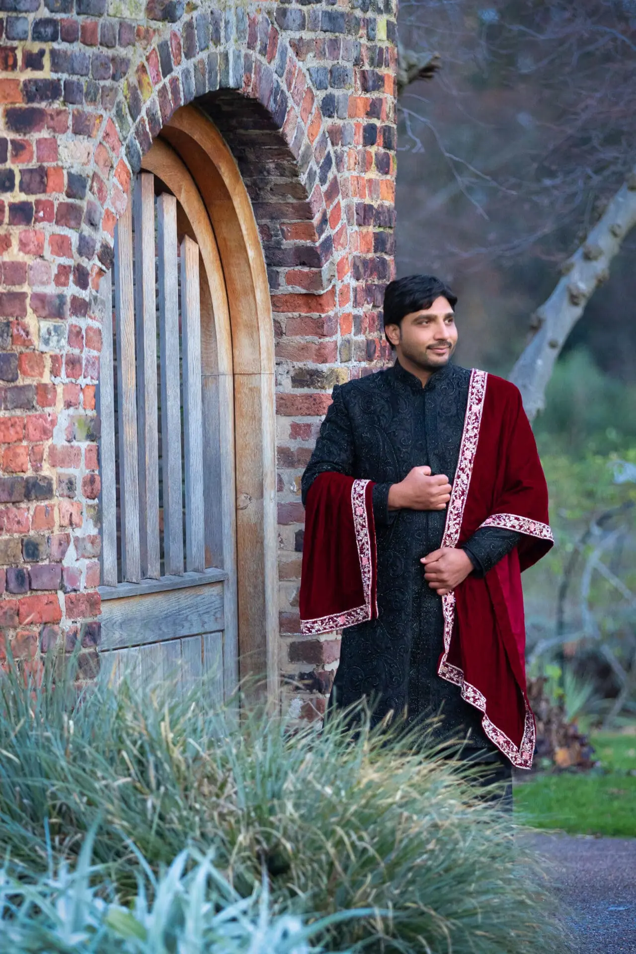 Groom portrait of a Pakistani Muslim groom in Valentine’s Park, London.