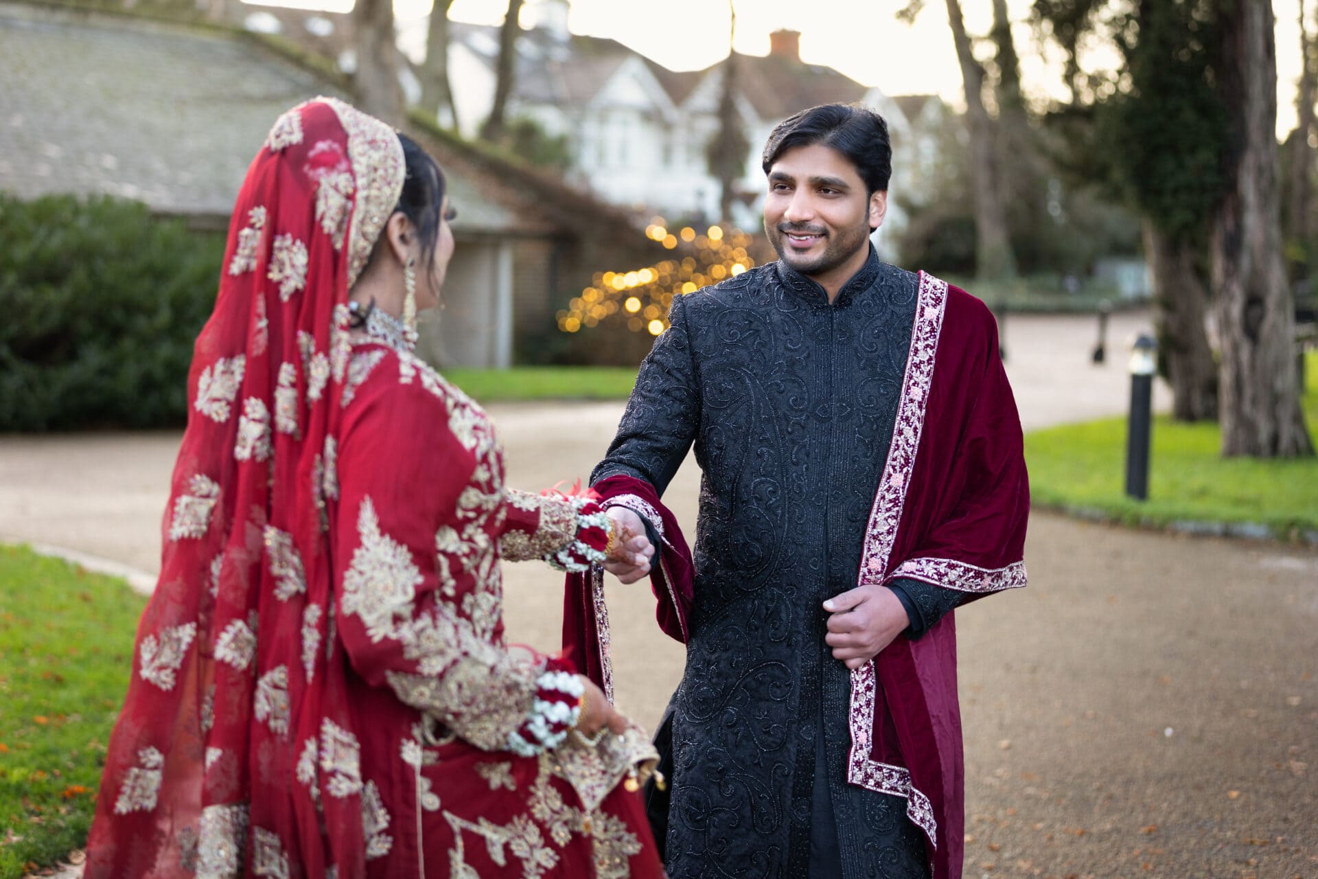 Bride and groom in an outdoor setting during their wedding photoshoot in London