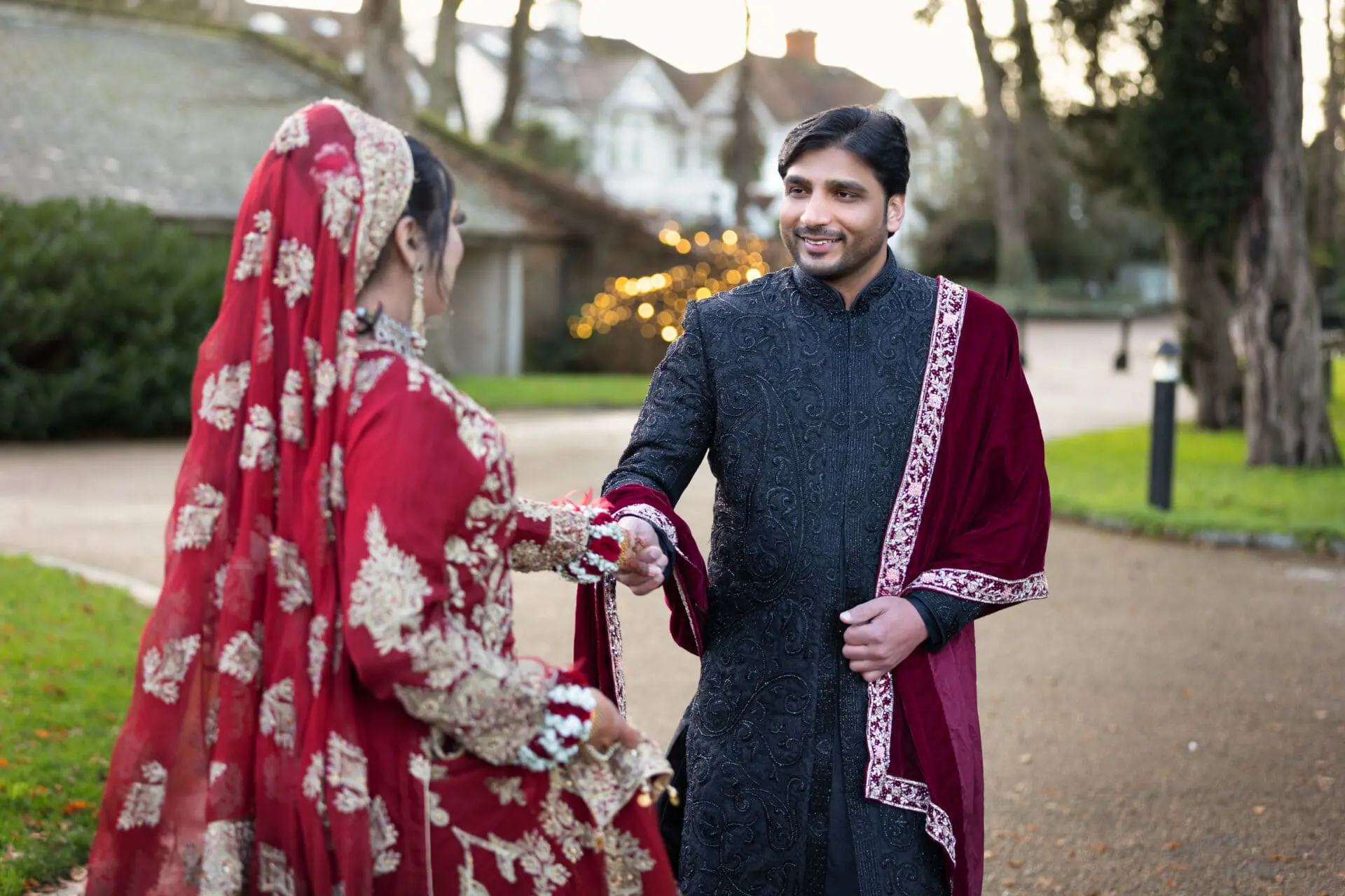 Bride and groom in an outdoor setting during their wedding photoshoot in London