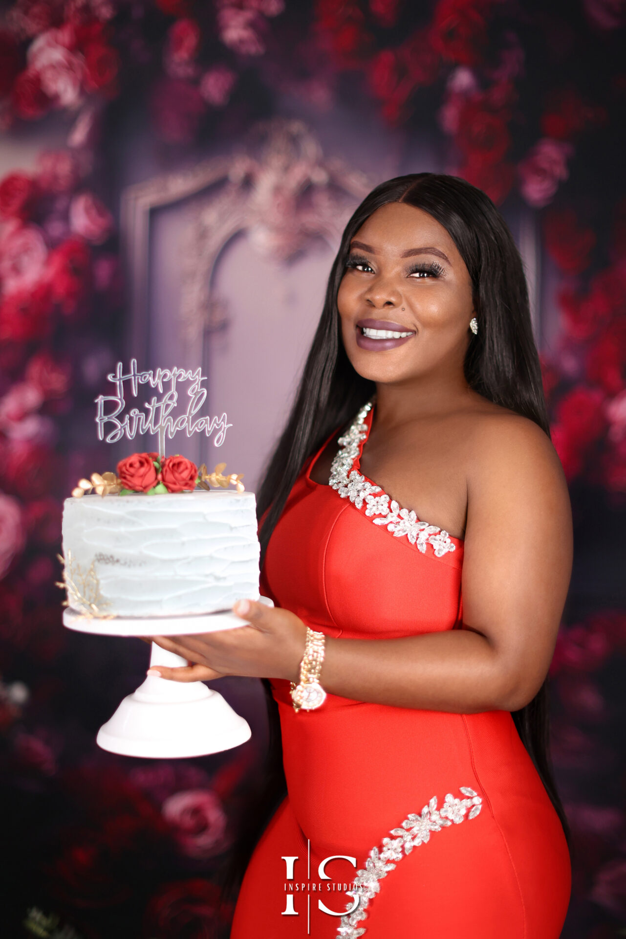 Stylish woman celebrating her birthday with a professional studio photoshoot in London at Inspire Studios