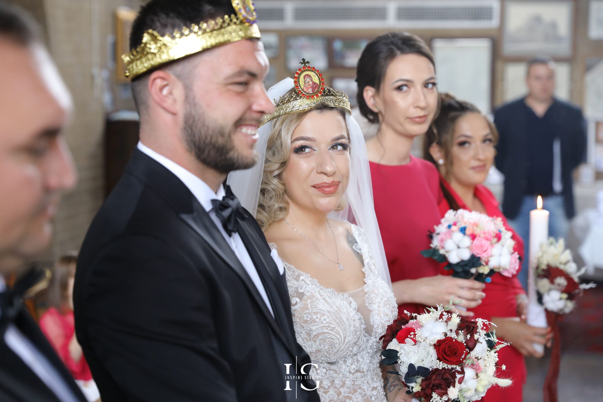 Groom helping bride, elegant moment