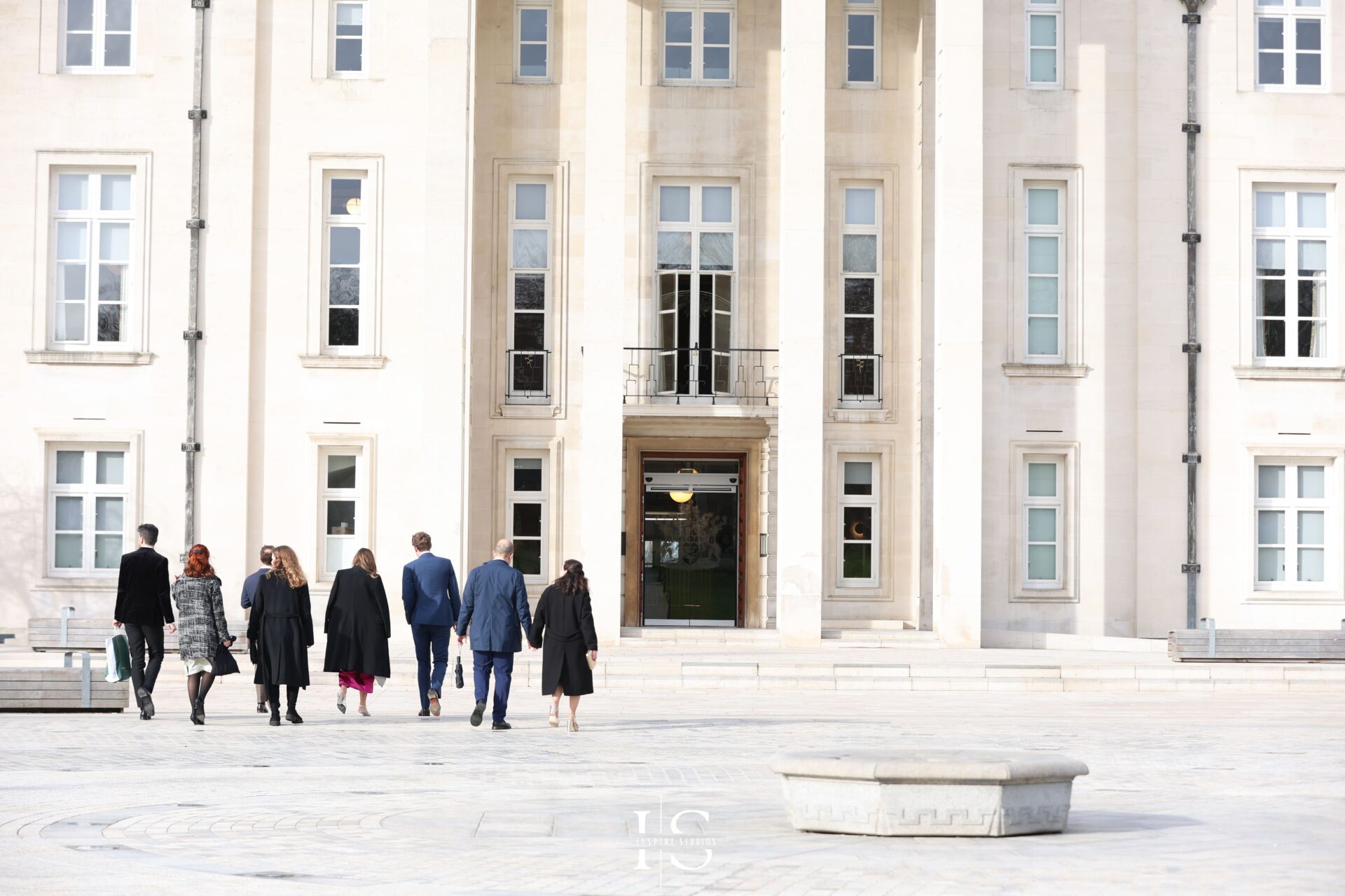 Guests walking toward Walthamstow Town Hall registry wedding venue