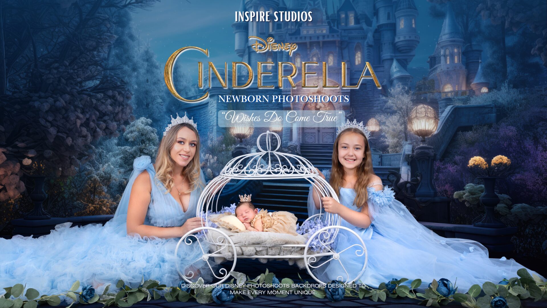 Newborn baby girl in a Cinderella-themed photoshoot with fairytale styling in a London photography studio