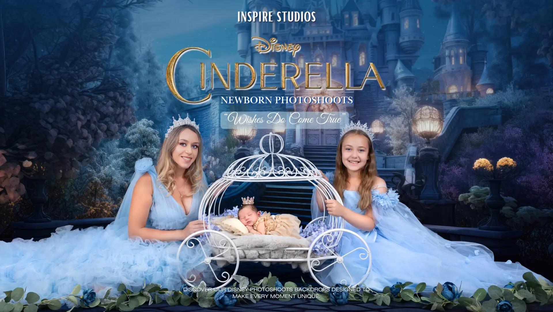 Newborn baby girl in a Cinderella-themed photoshoot with fairytale styling in a London photography studio