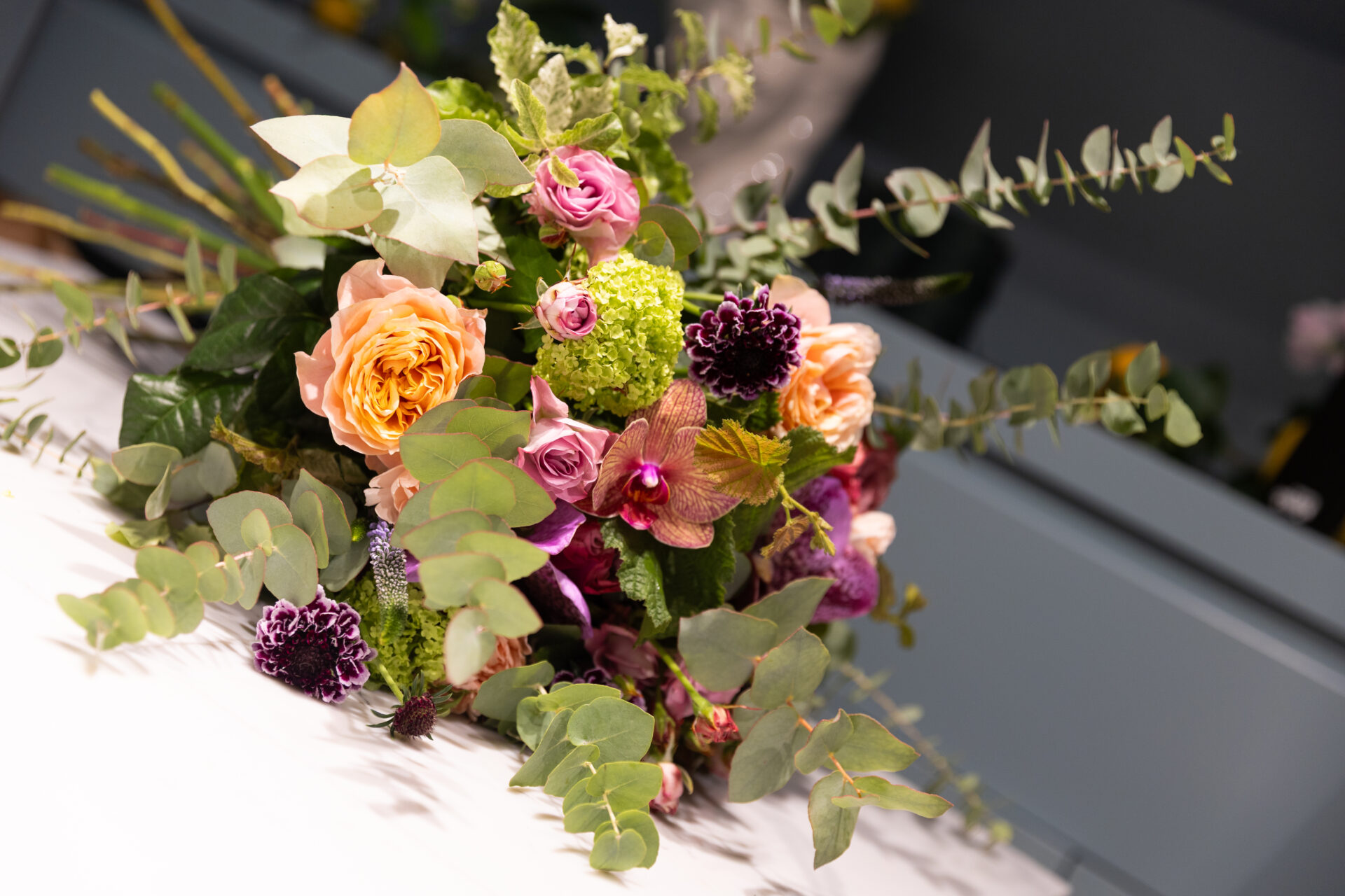Completed floral bouquet from Neill Strain’s Mayfair flower workshop.