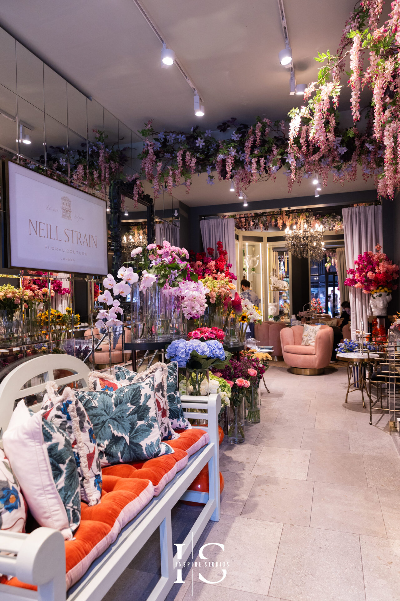 Interior view of Neill Strain Floral Couture Mayfair during a luxury birthday event.