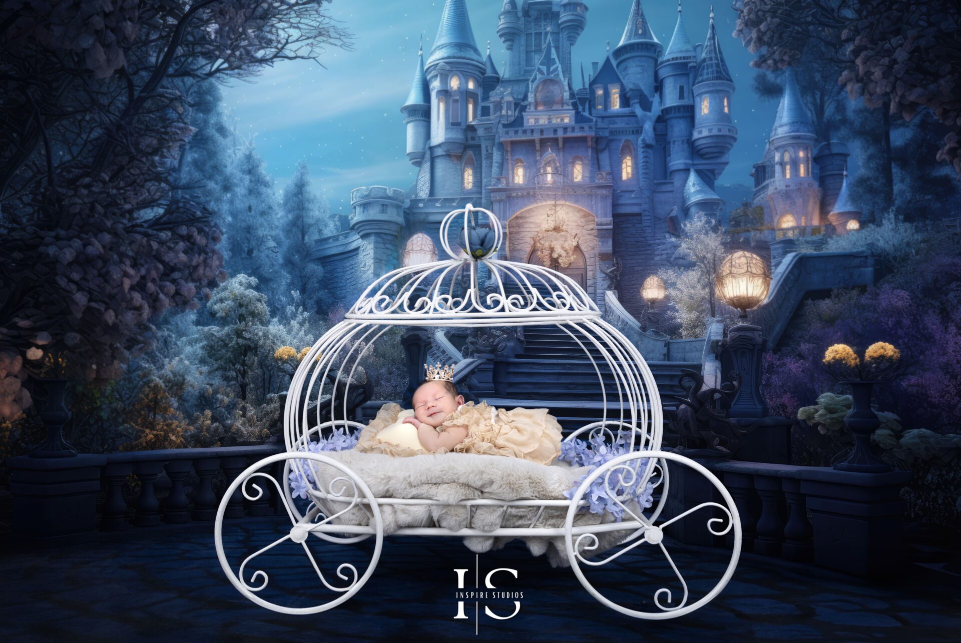 Newborn baby girl styled in soft tones during themed studio session in London