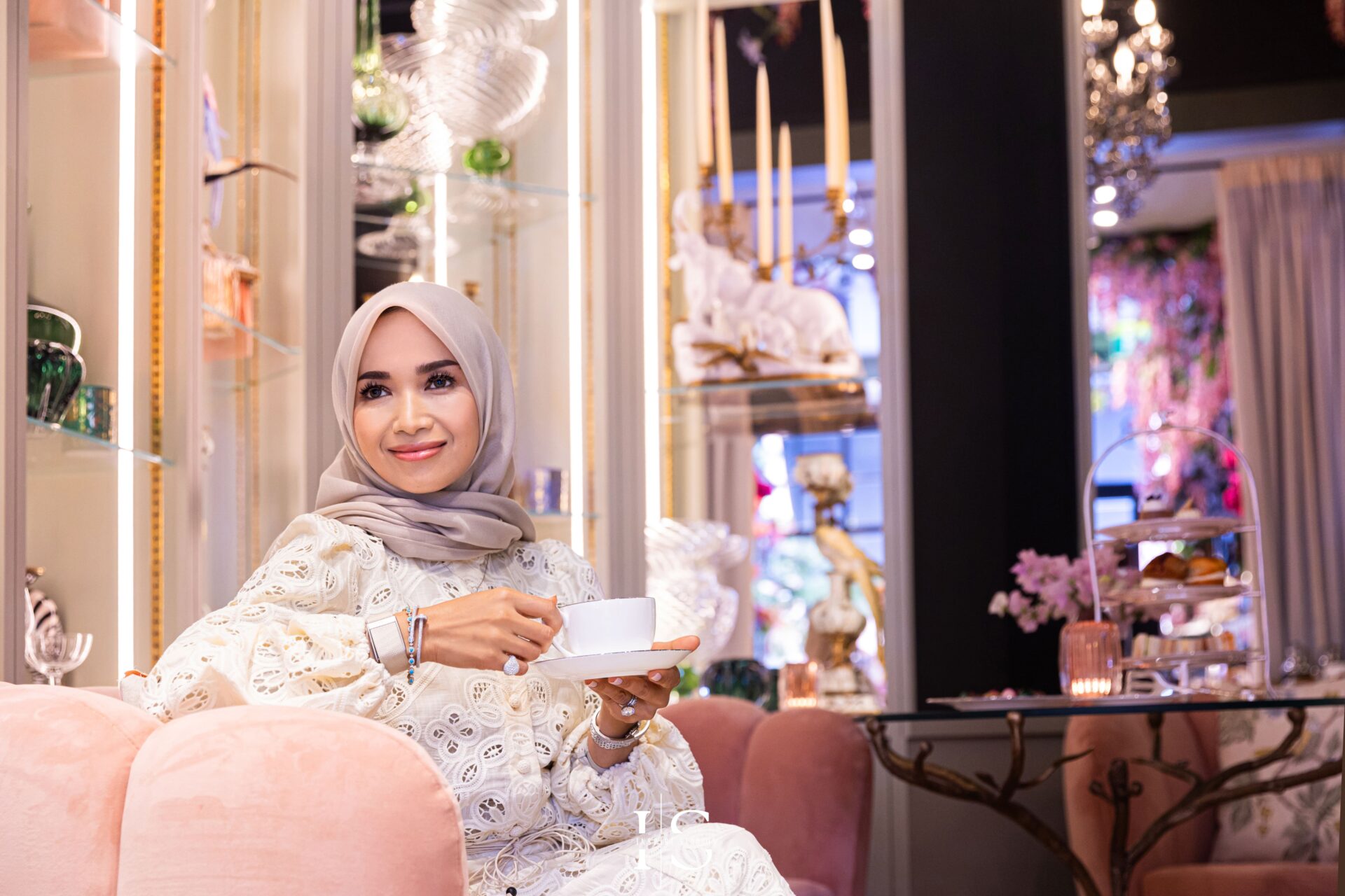 Stylish portrait of birthday guest in Mayfair luxury floral event.