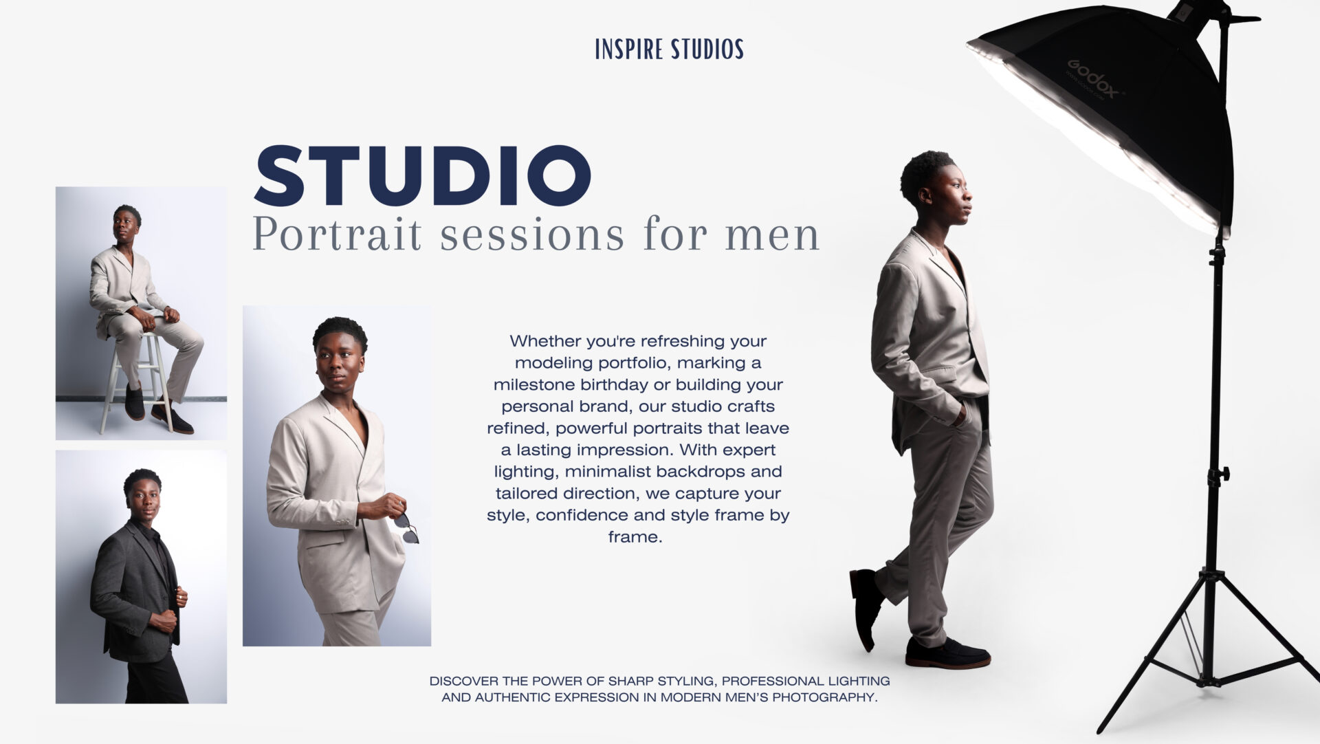 Stylish London studio portrait of confident man under octabox lighting