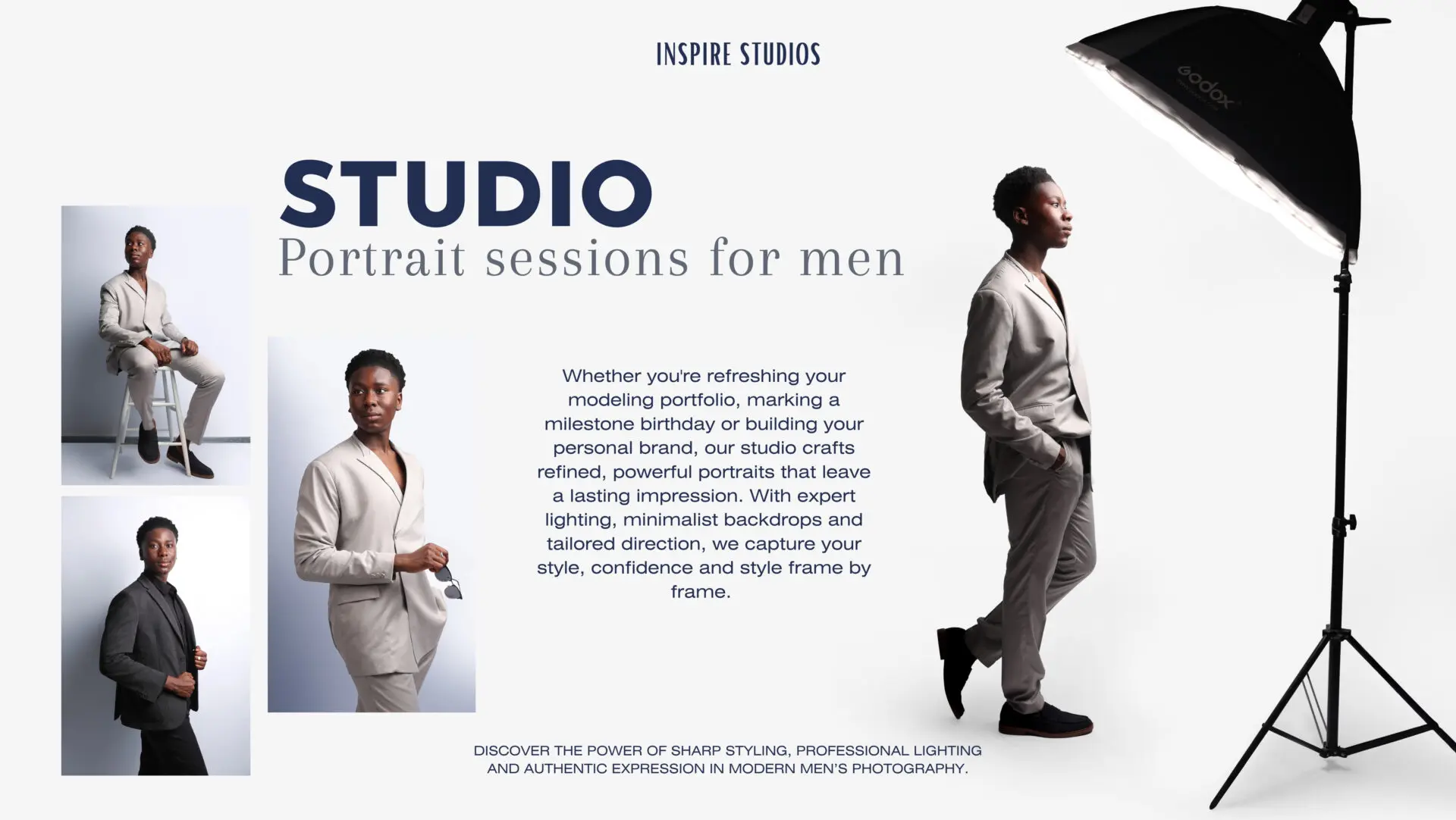 Stylish London studio portrait of confident man under octabox lighting