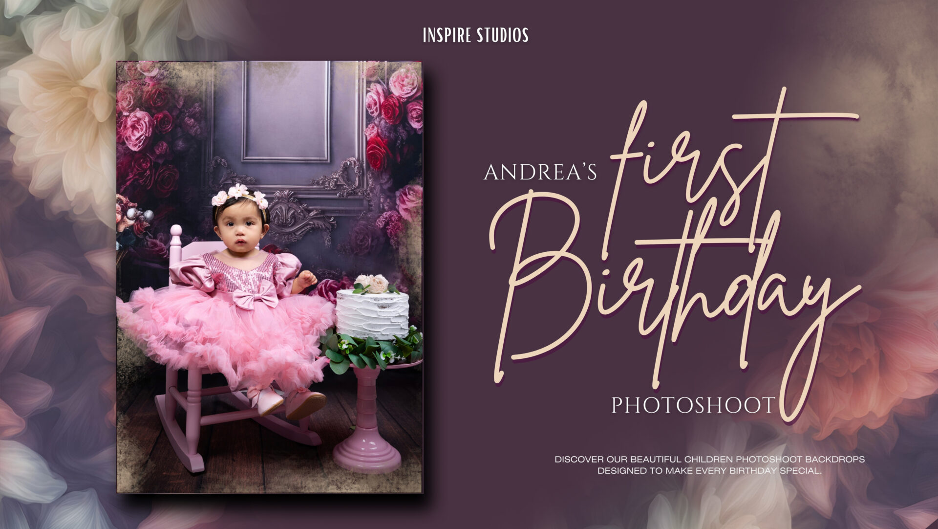 Andrea’s first birthday studio photoshoot in London with cake smash and milestone celebration